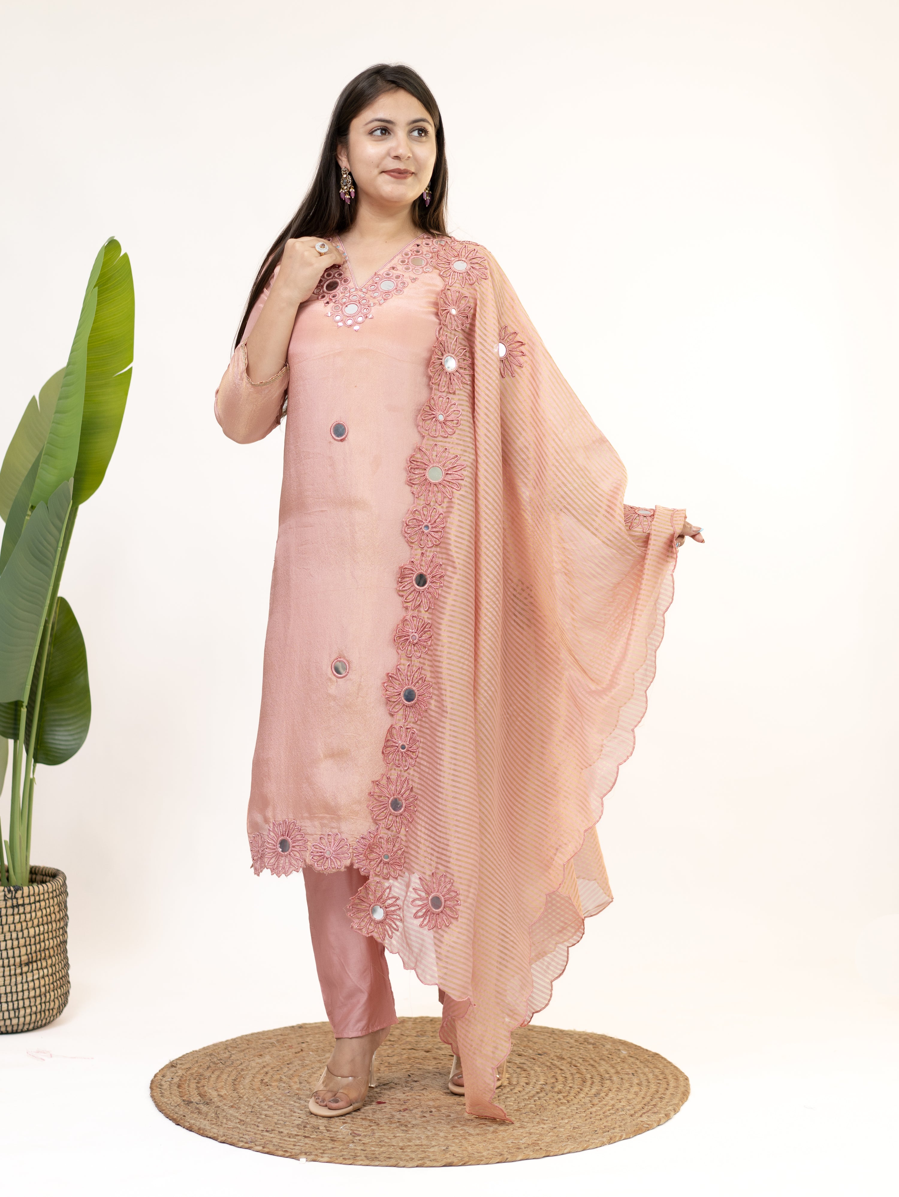 Tira Peach Tissue Cutwork Embroidered Dupatta Set
