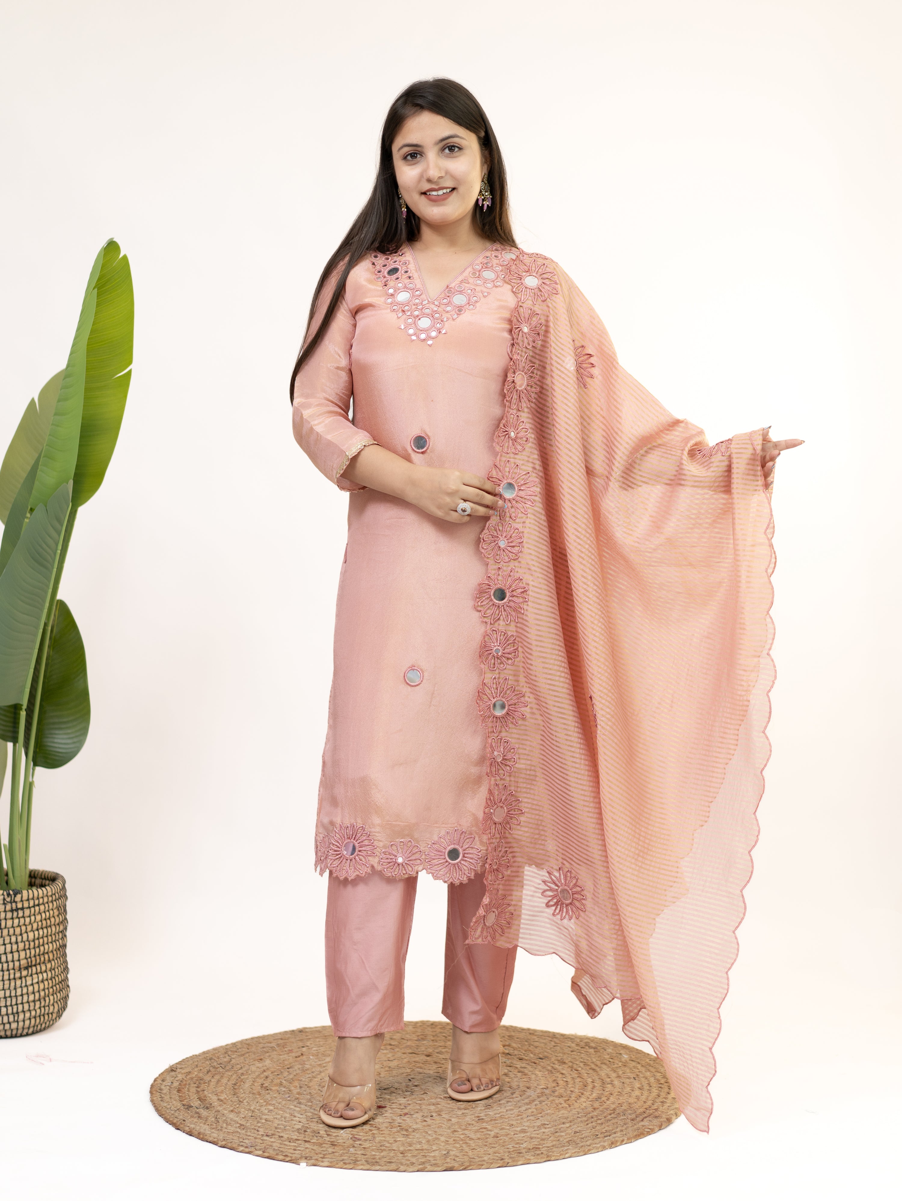 Tira Peach Tissue Cutwork Embroidered Dupatta Set