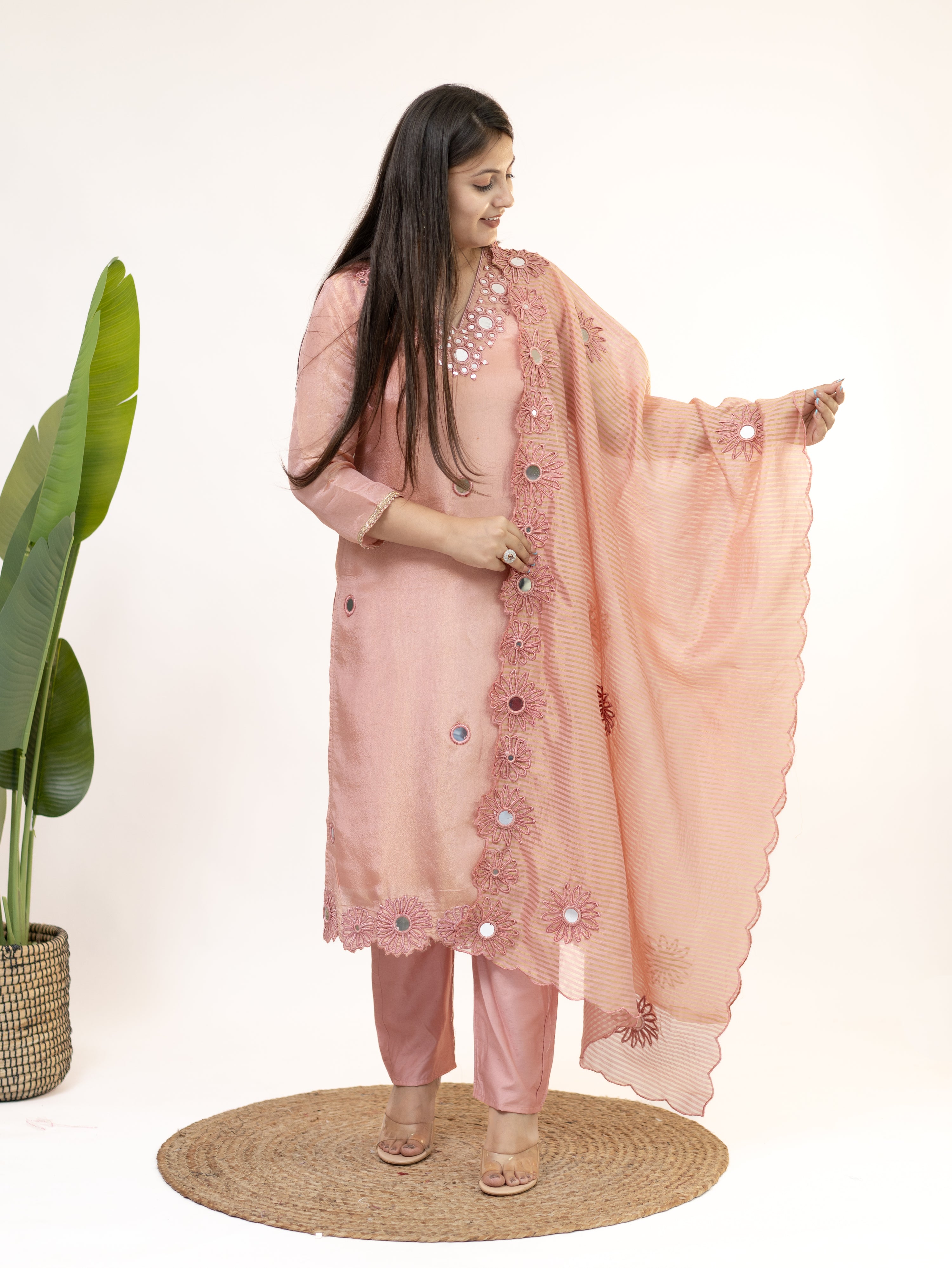 Tira Peach Tissue Cutwork Embroidered Dupatta Set