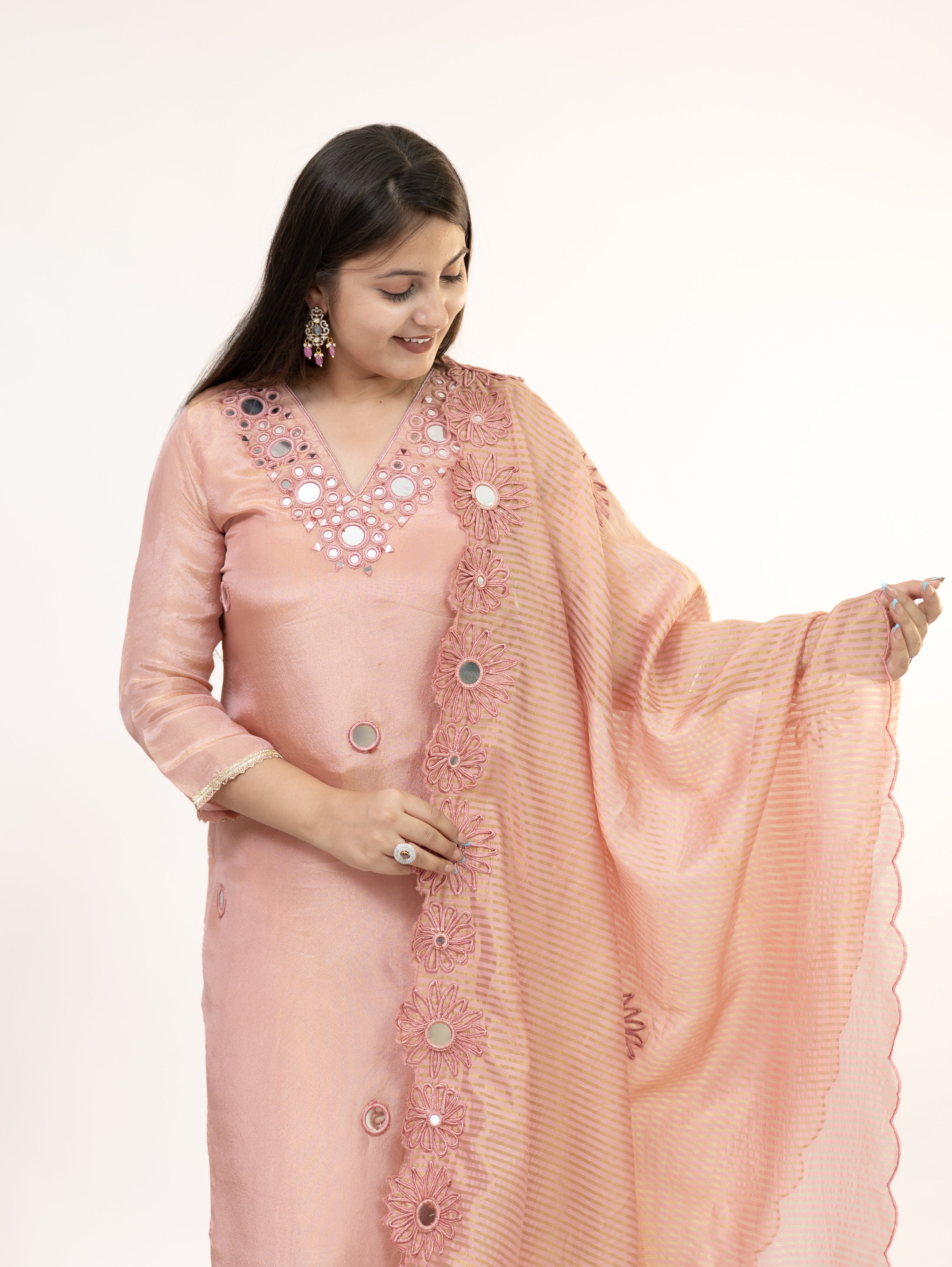 Tira Peach Tissue Cutwork Embroidered Dupatta Set