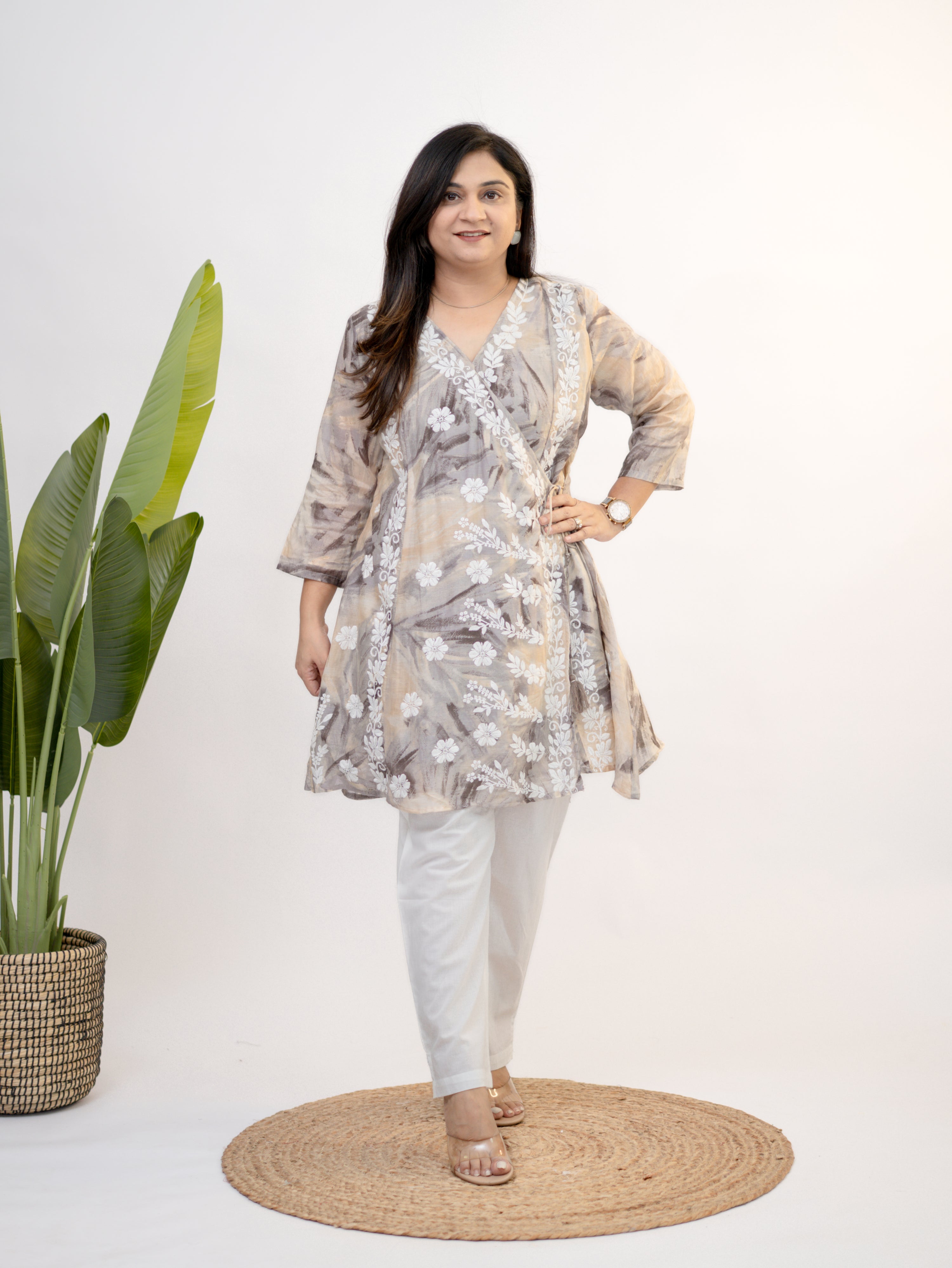 Fara mul cotton chikankari work A-line coord set for women with floral embroidery and wrap neckline