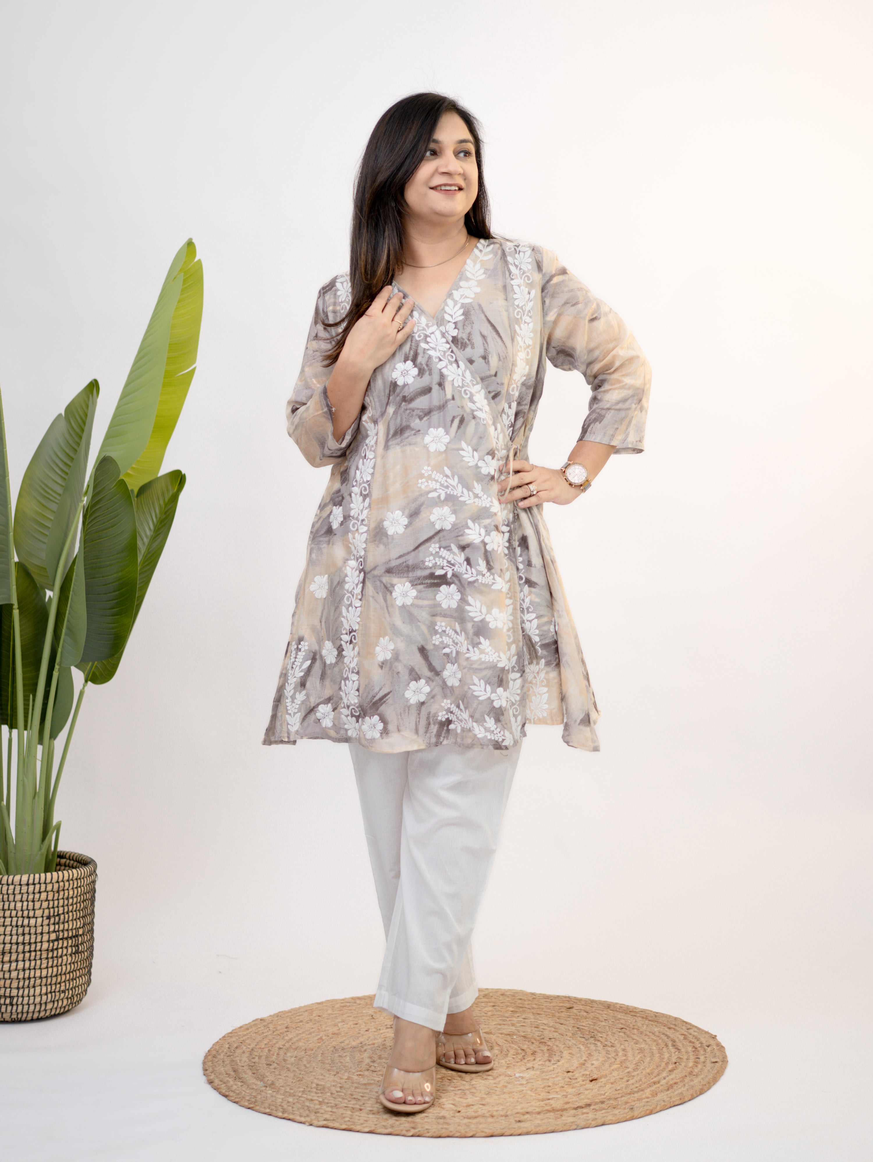 Fara mul cotton chikankari work A-line coord set full-length front pose in soft neutral print