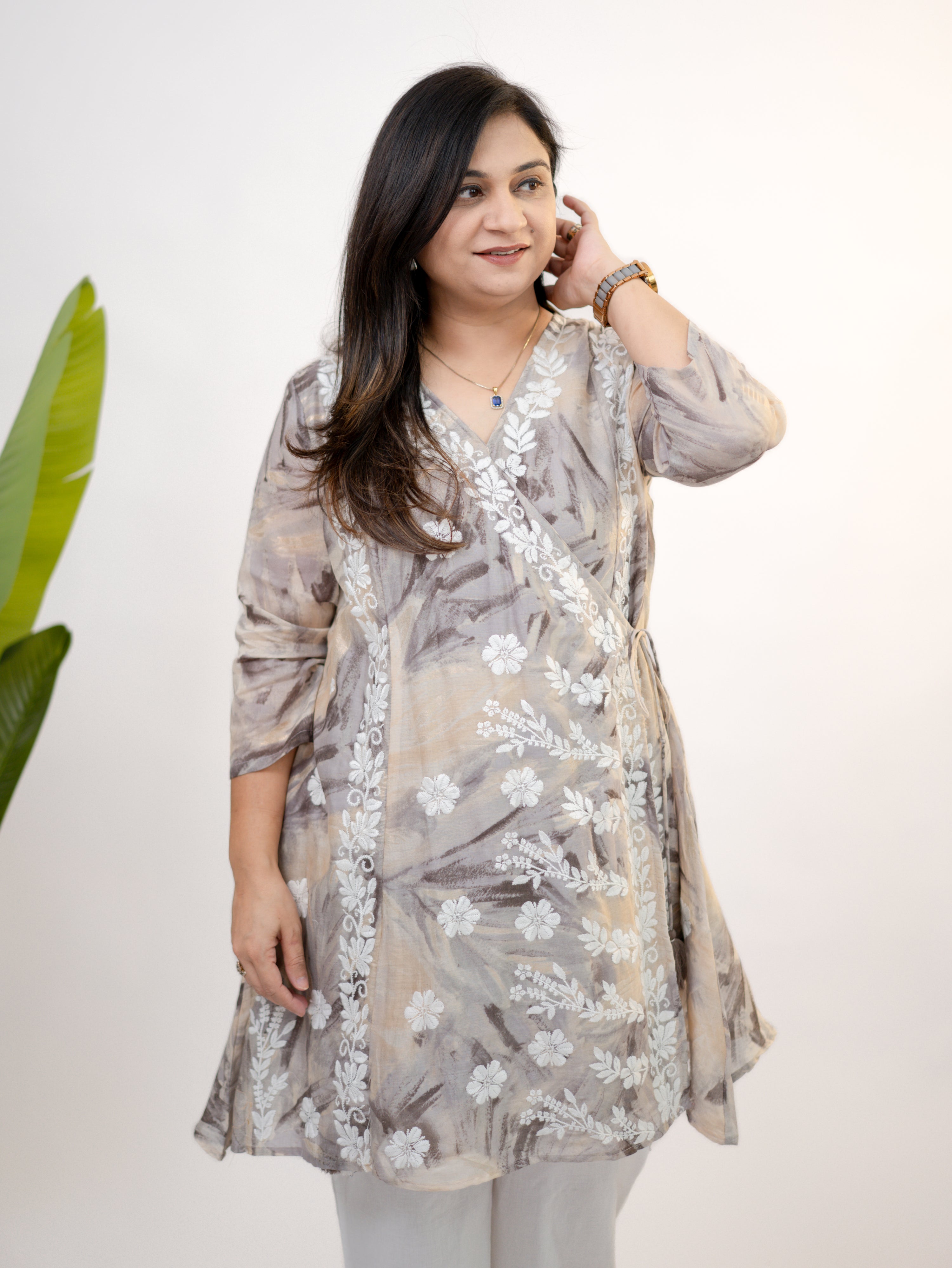 Fara mul cotton chikankari work A-line coord set close-up showing floral motifs and elegant fit