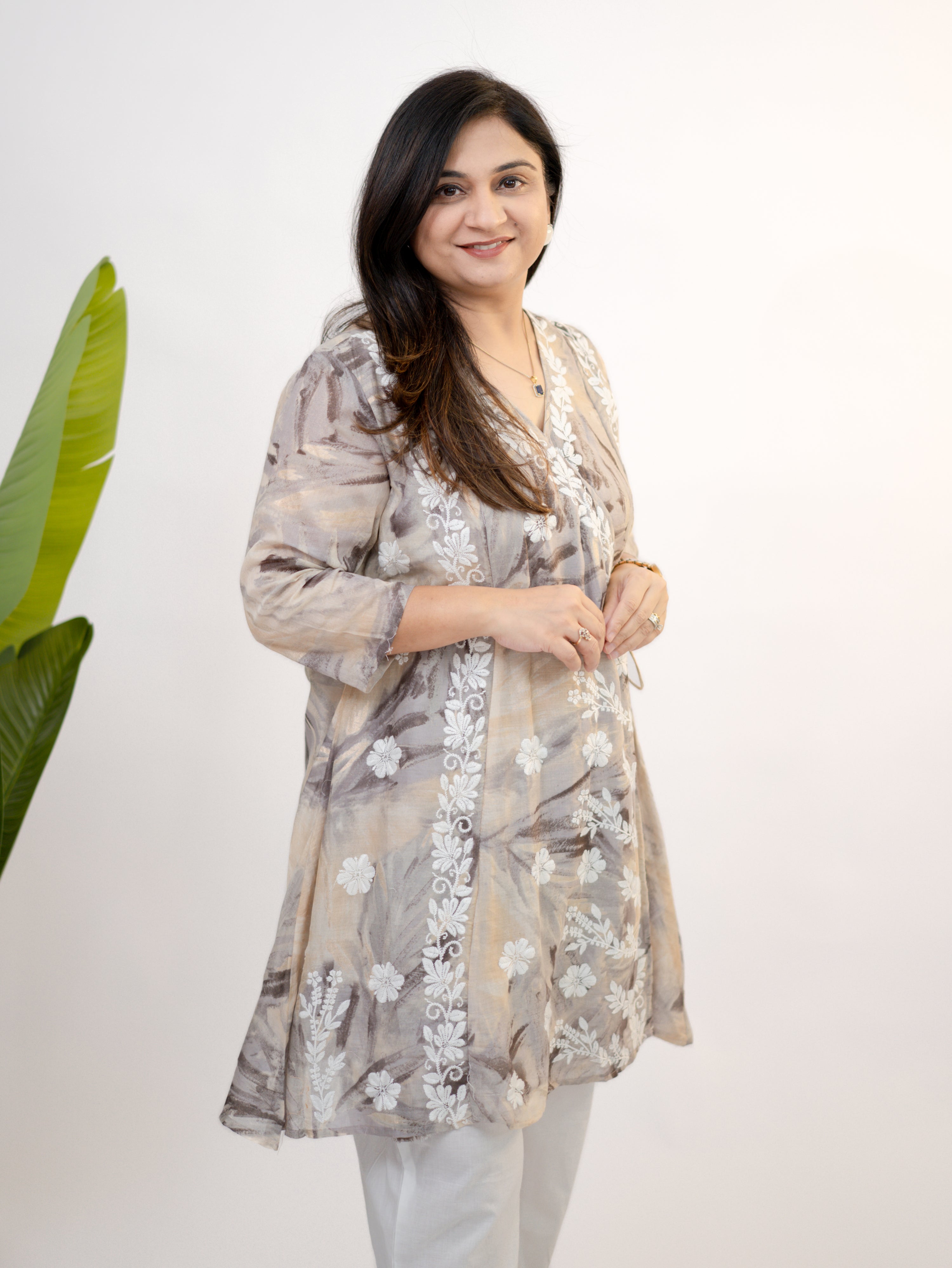 Fara mul cotton chikankari work A-line coord set front portrait with V-neck embroidered border