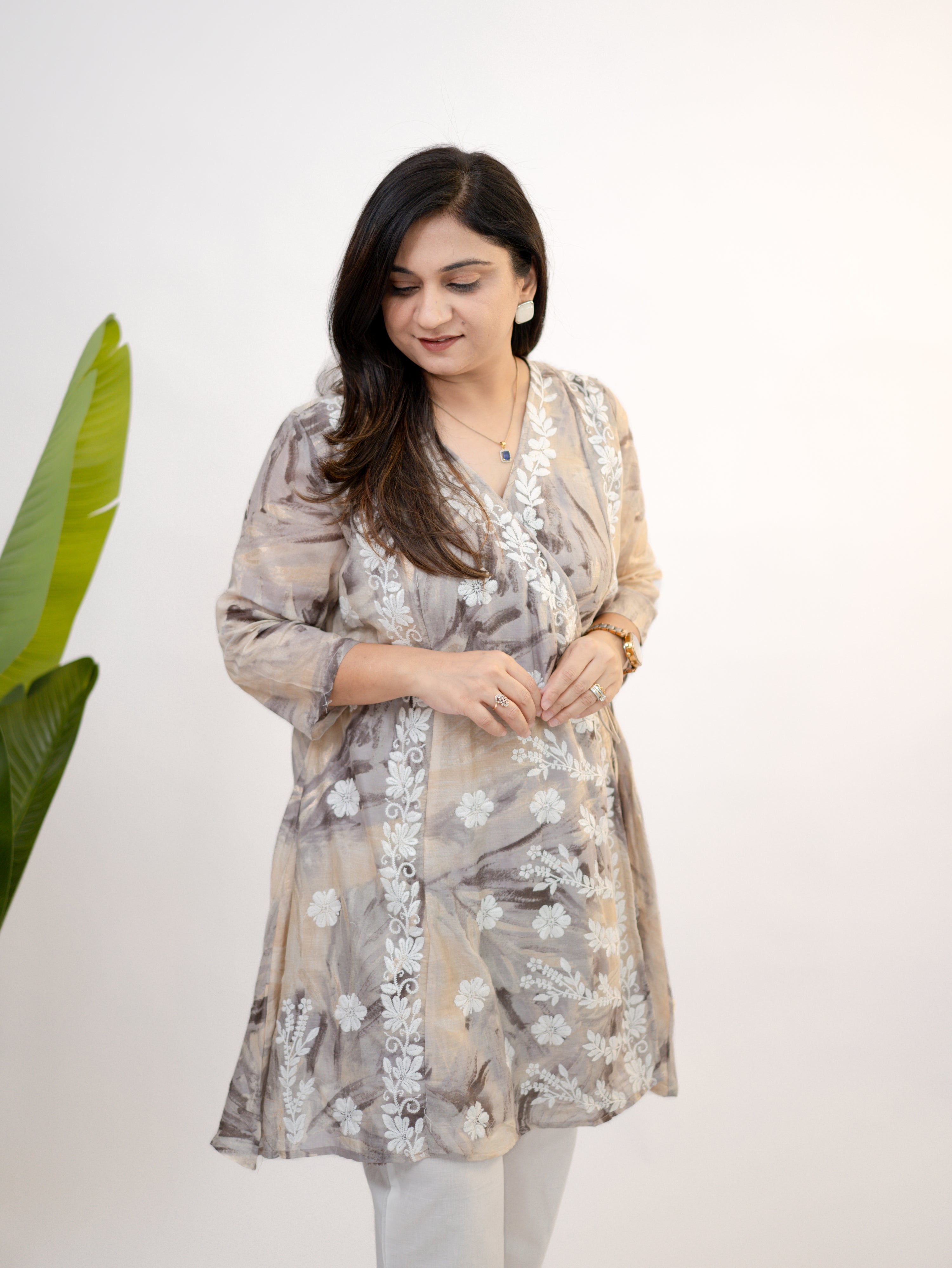 Fara mul cotton chikankari work A-line coord set side portrait with soft floral chikankari detailing