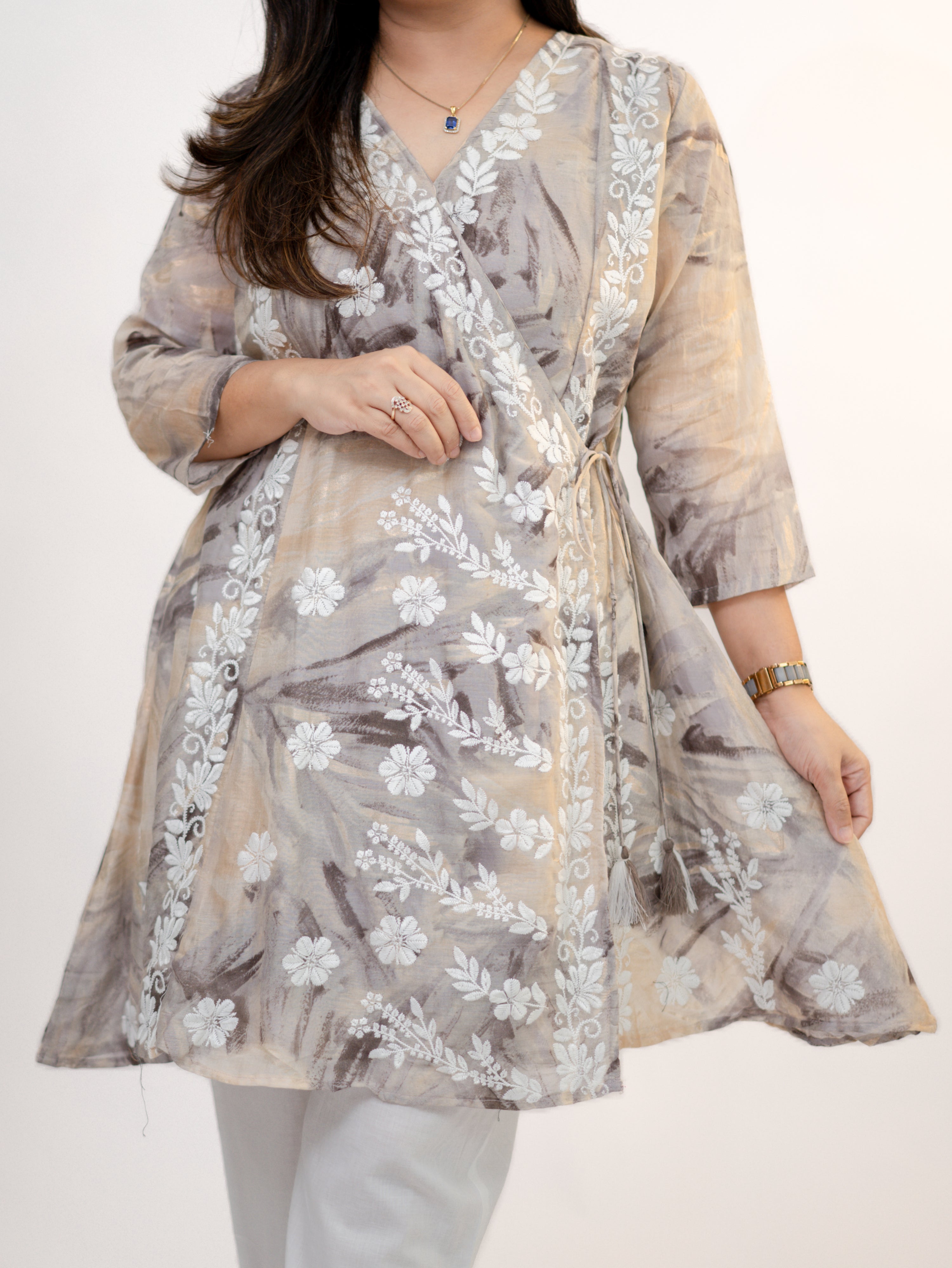 Fara mul cotton chikankari work A-line coord set half pose showing embroidered front panel