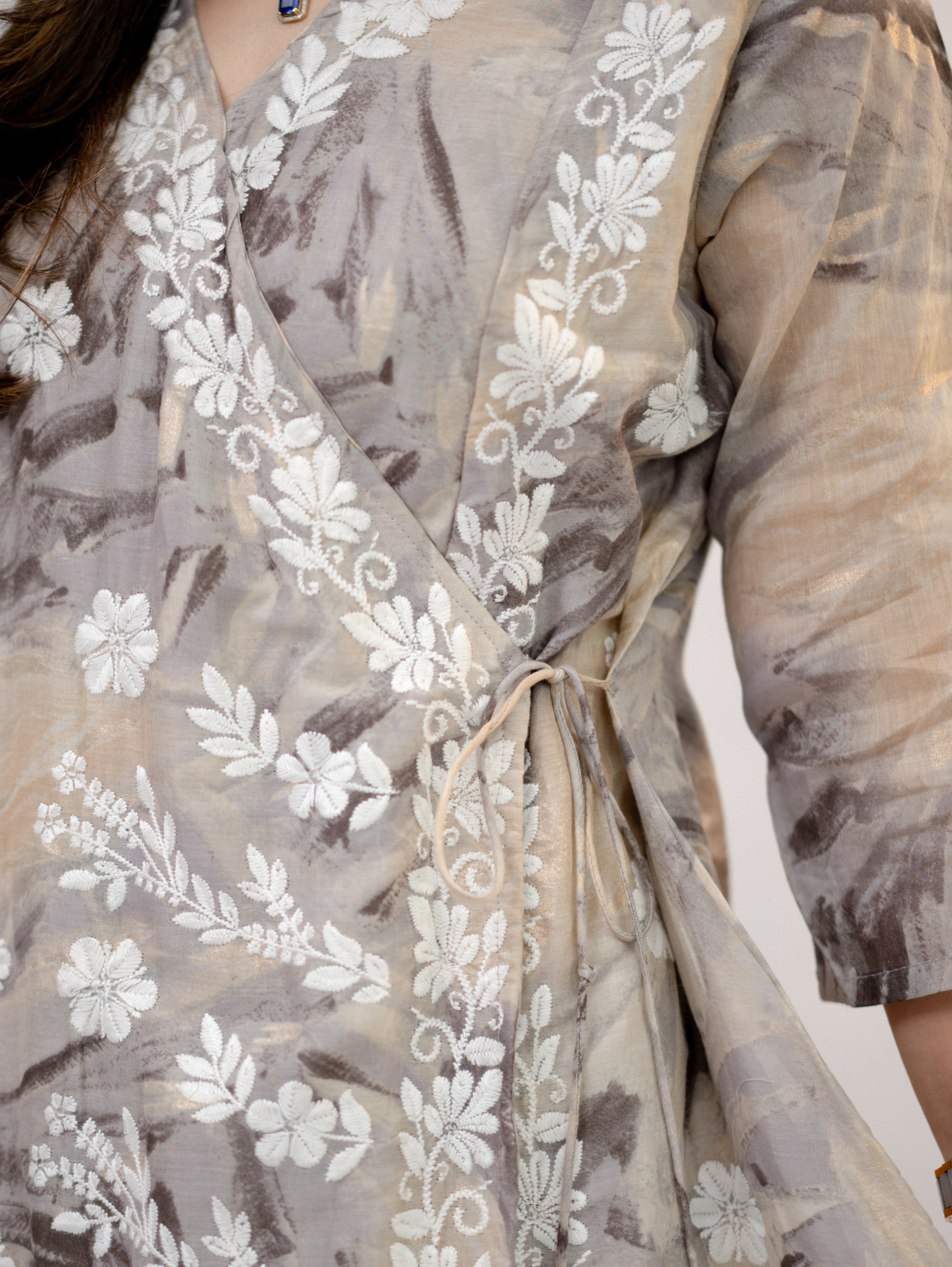 Fara mul cotton chikankari work A-line coord set elegant full-body look in soft beige and grey tones