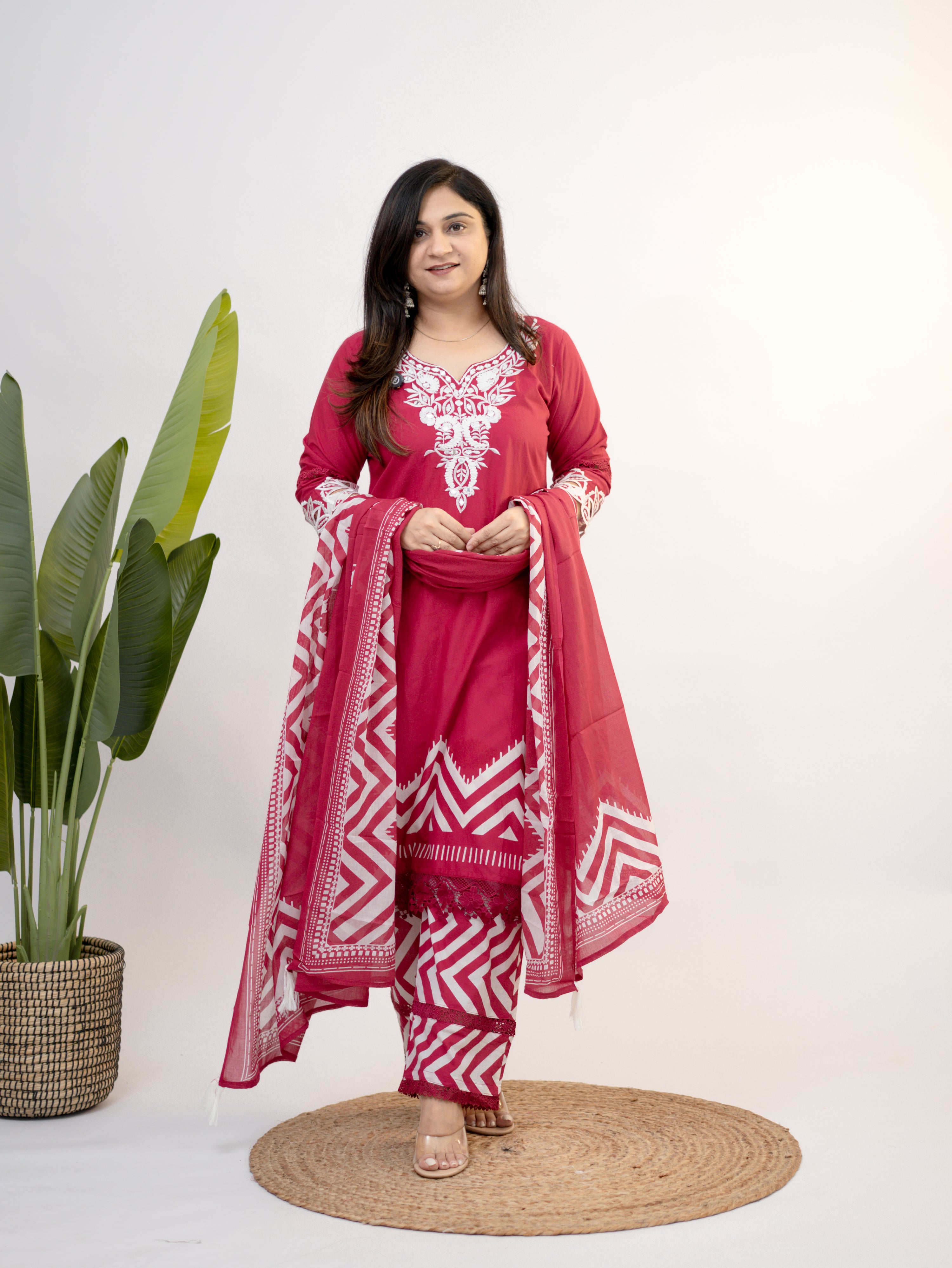 Pink embroidered cotton kurta set with printed pants and dupatta by The Jaipur Studio.