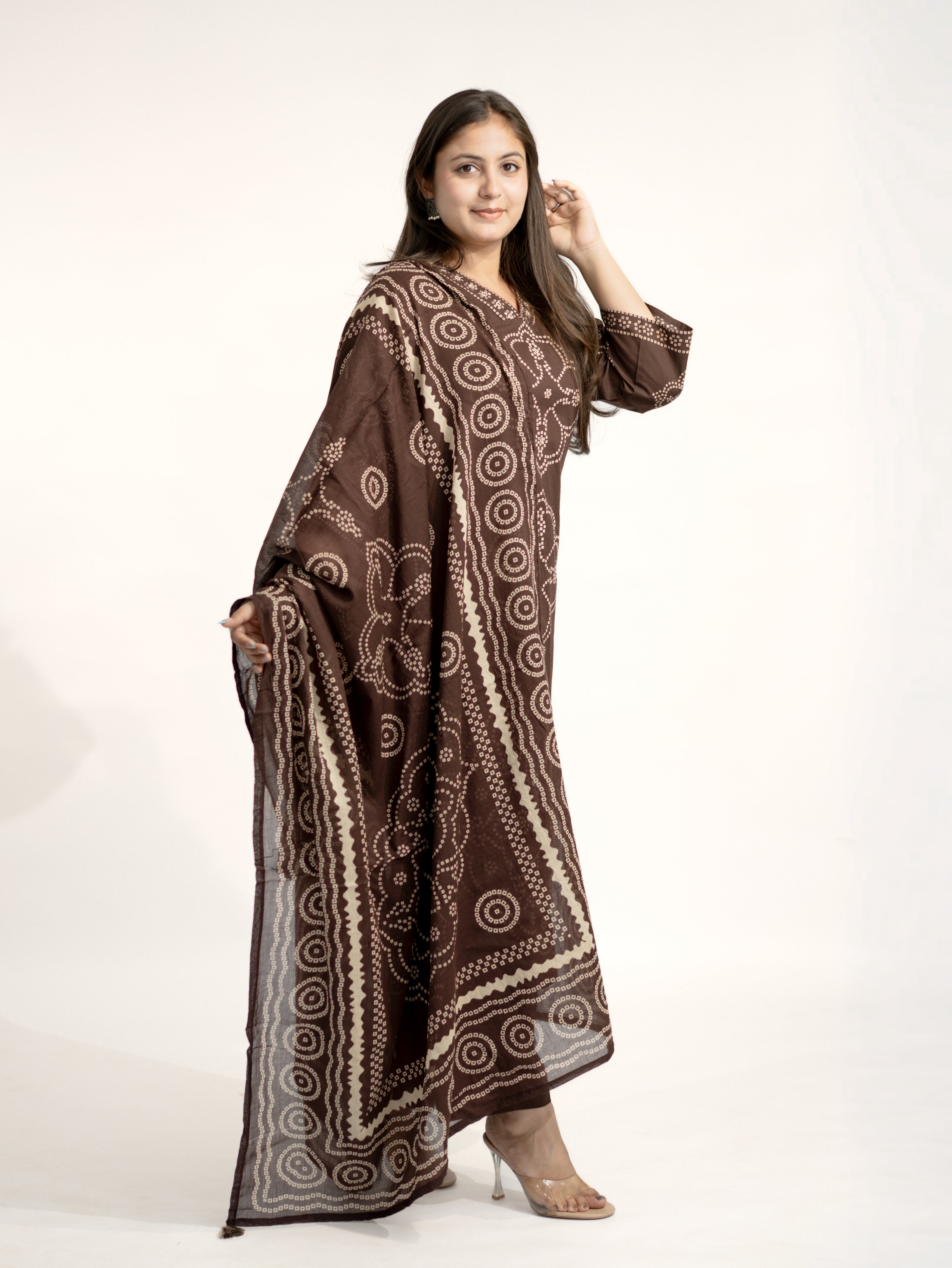 Piya Brown Cotton Bandhani Straight Embroidered Dupatta Set