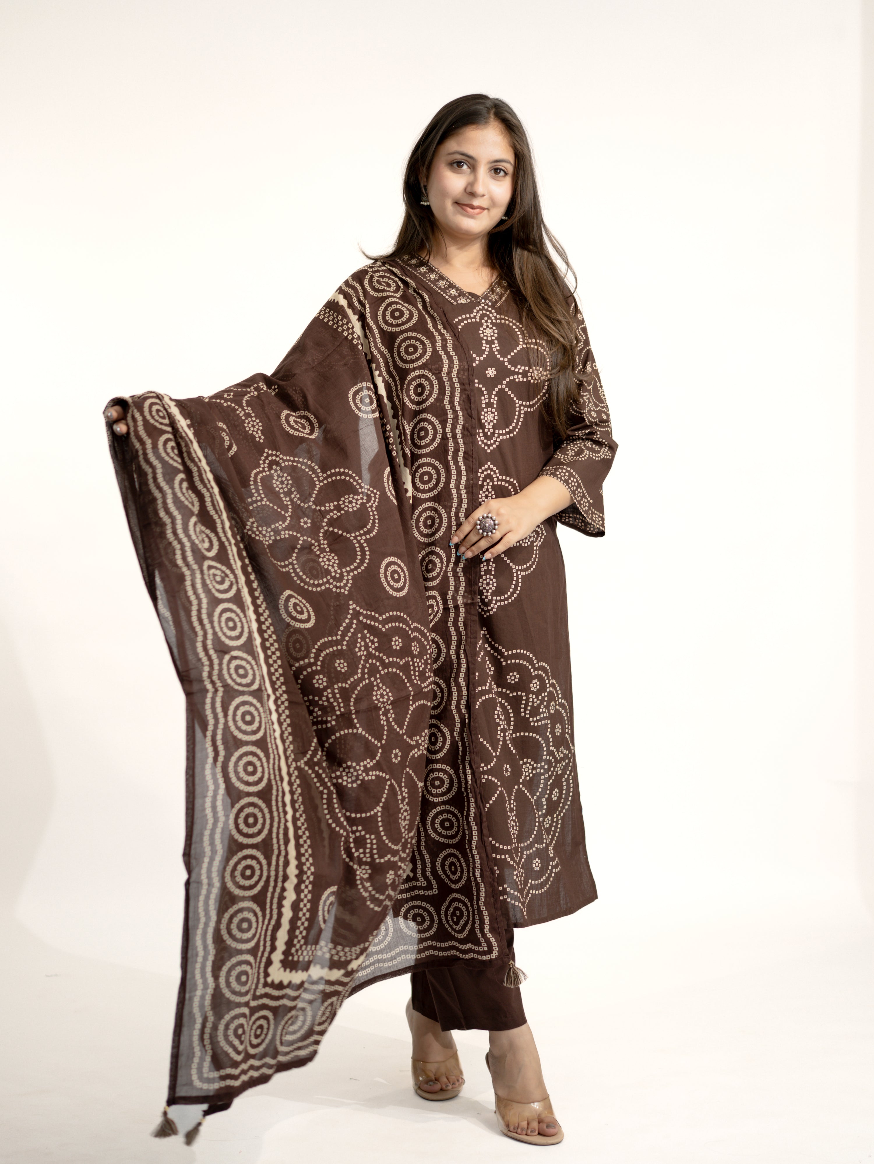 Piya Brown Cotton Bandhani Straight Embroidered Dupatta Set