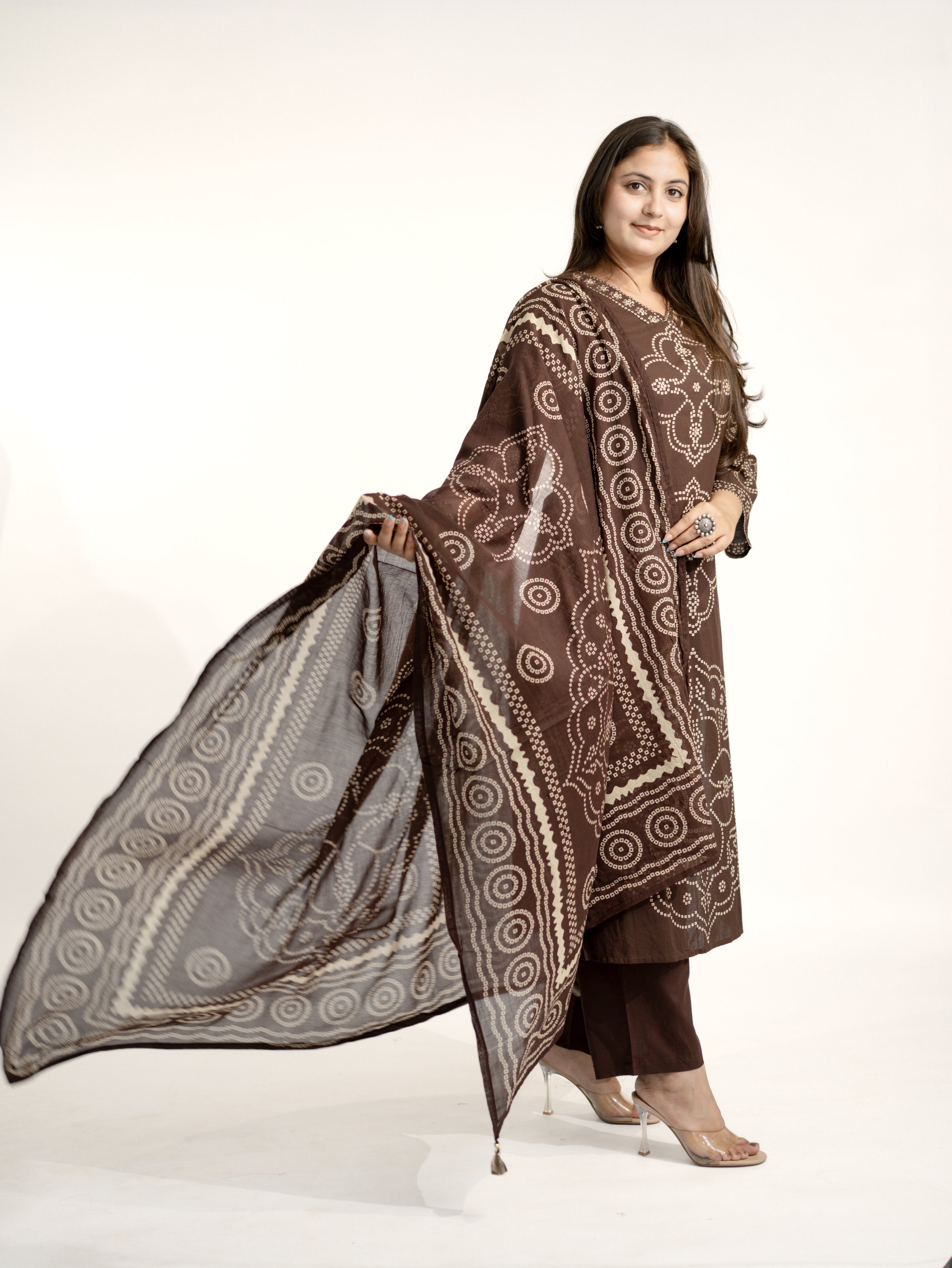 Piya Brown Cotton Bandhani Straight Embroidered Dupatta Set
