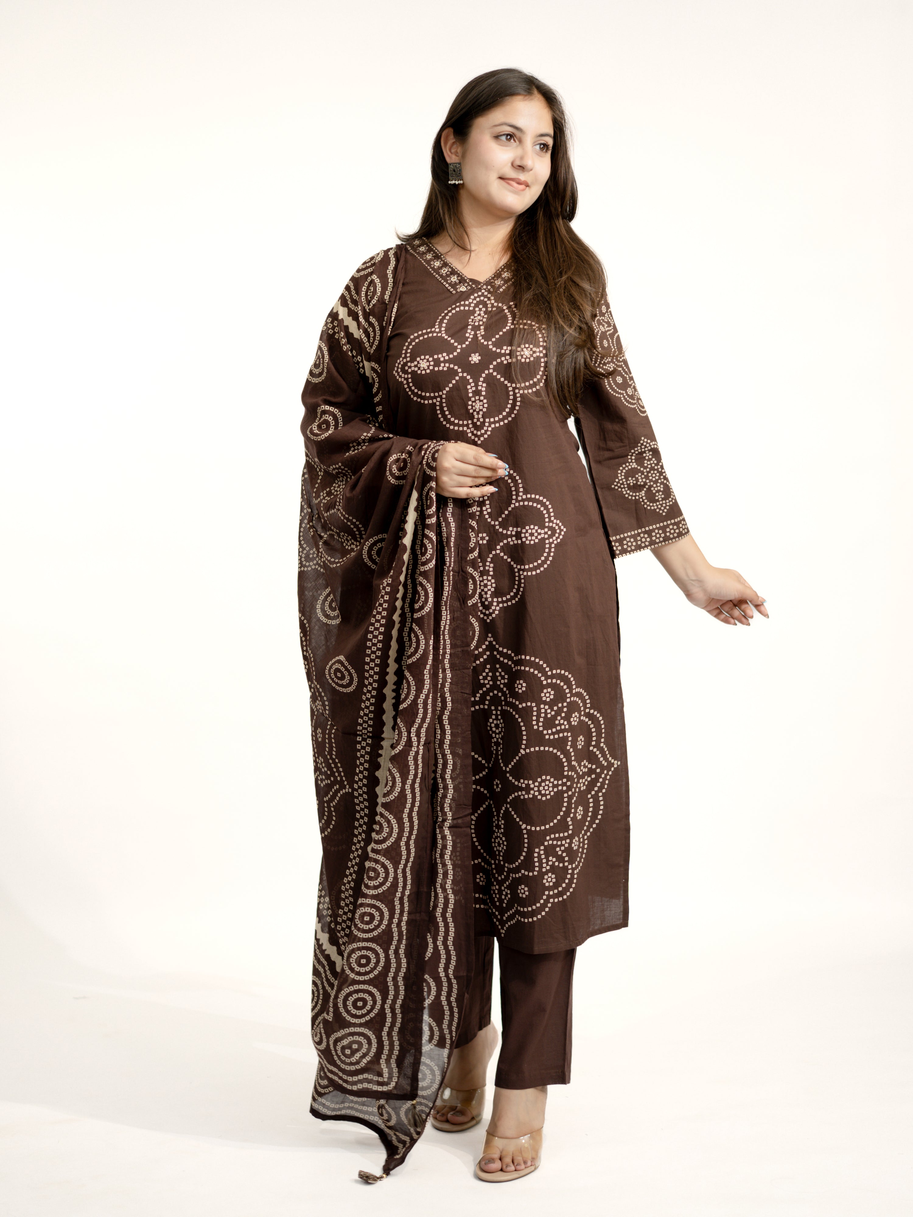Piya Brown Cotton Bandhani Straight Embroidered Dupatta Set