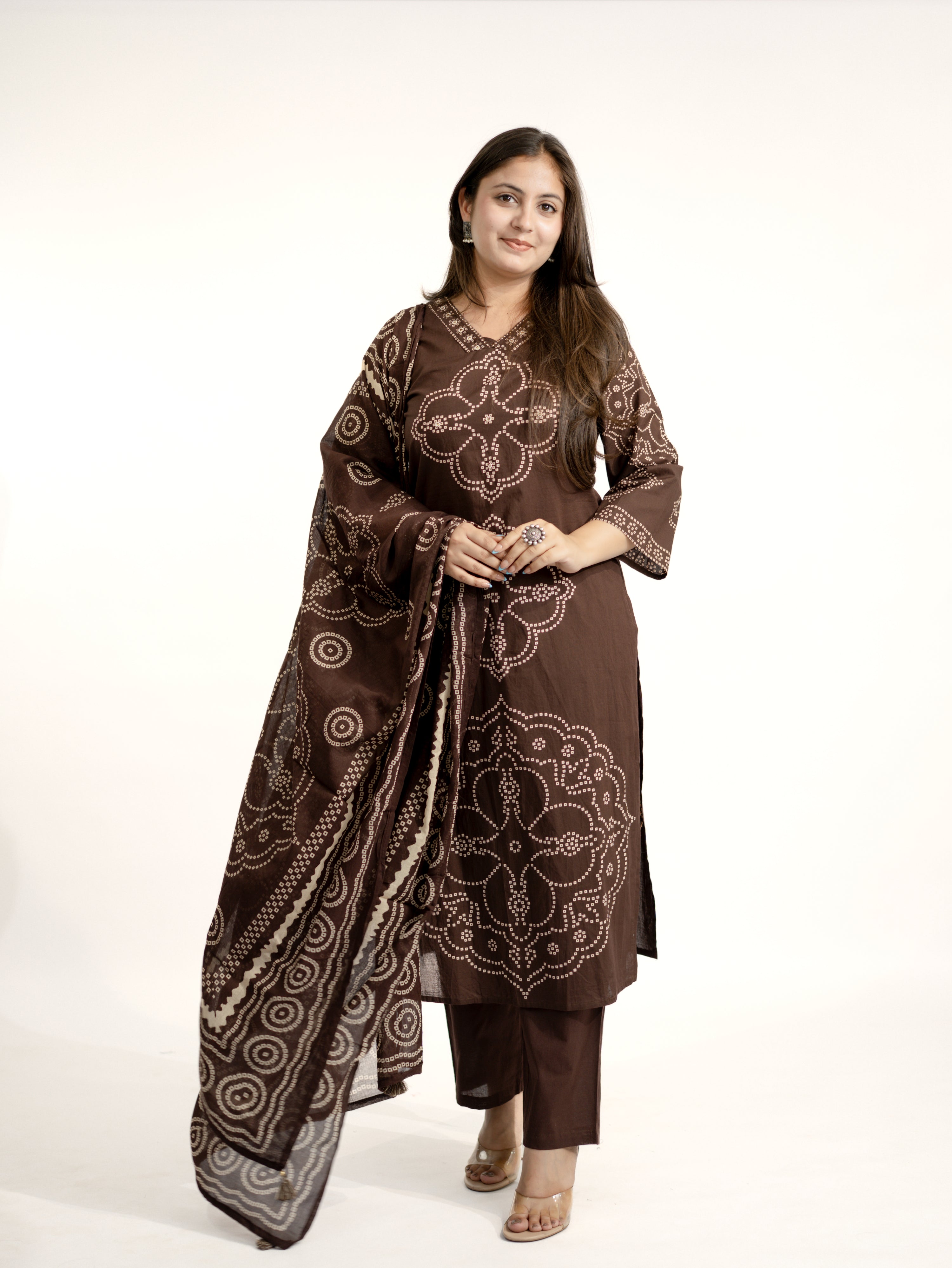 Piya Brown Cotton Bandhani Straight Embroidered Dupatta Set