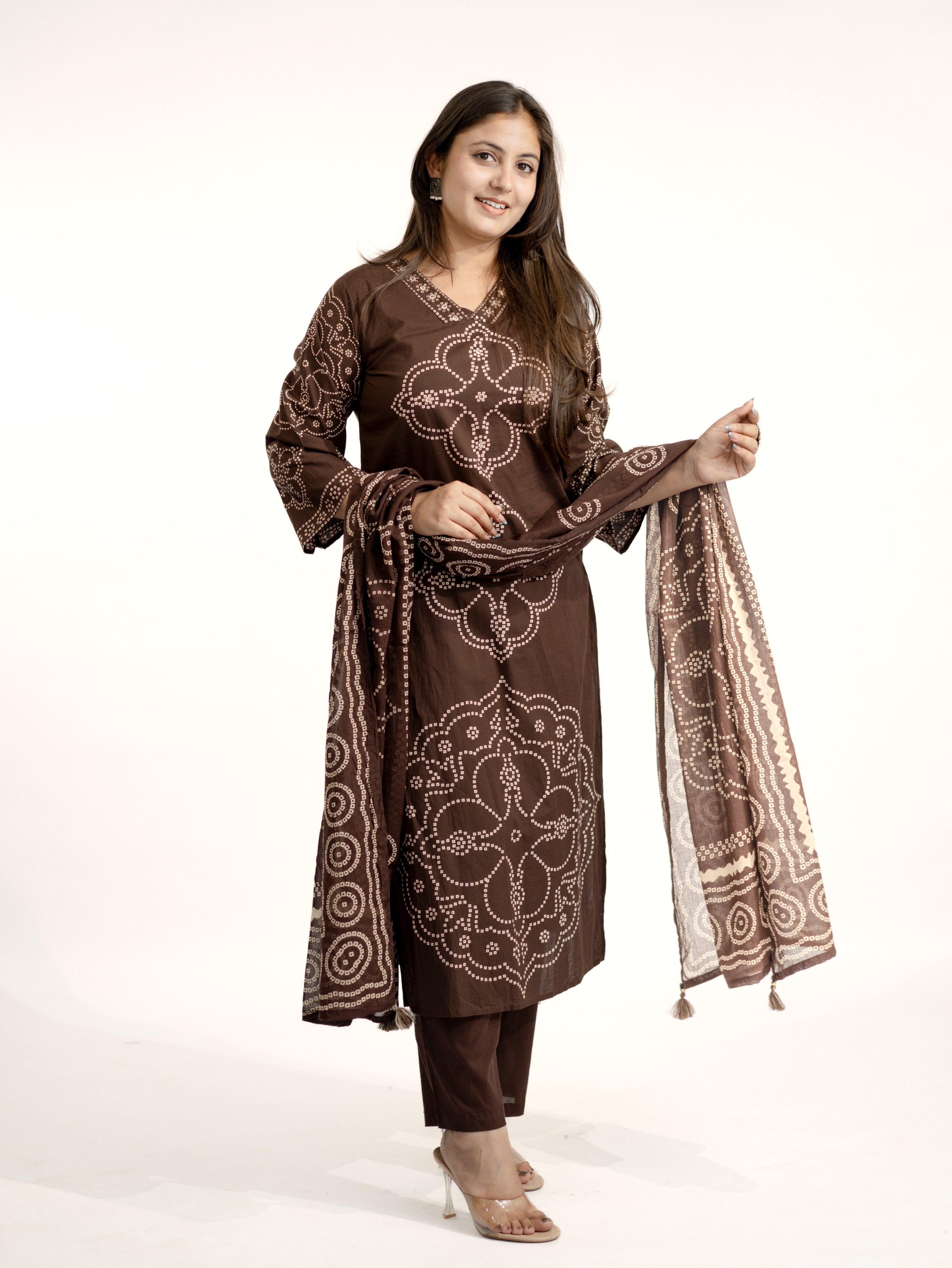 Piya Brown Cotton Bandhani Straight Embroidered Dupatta Set