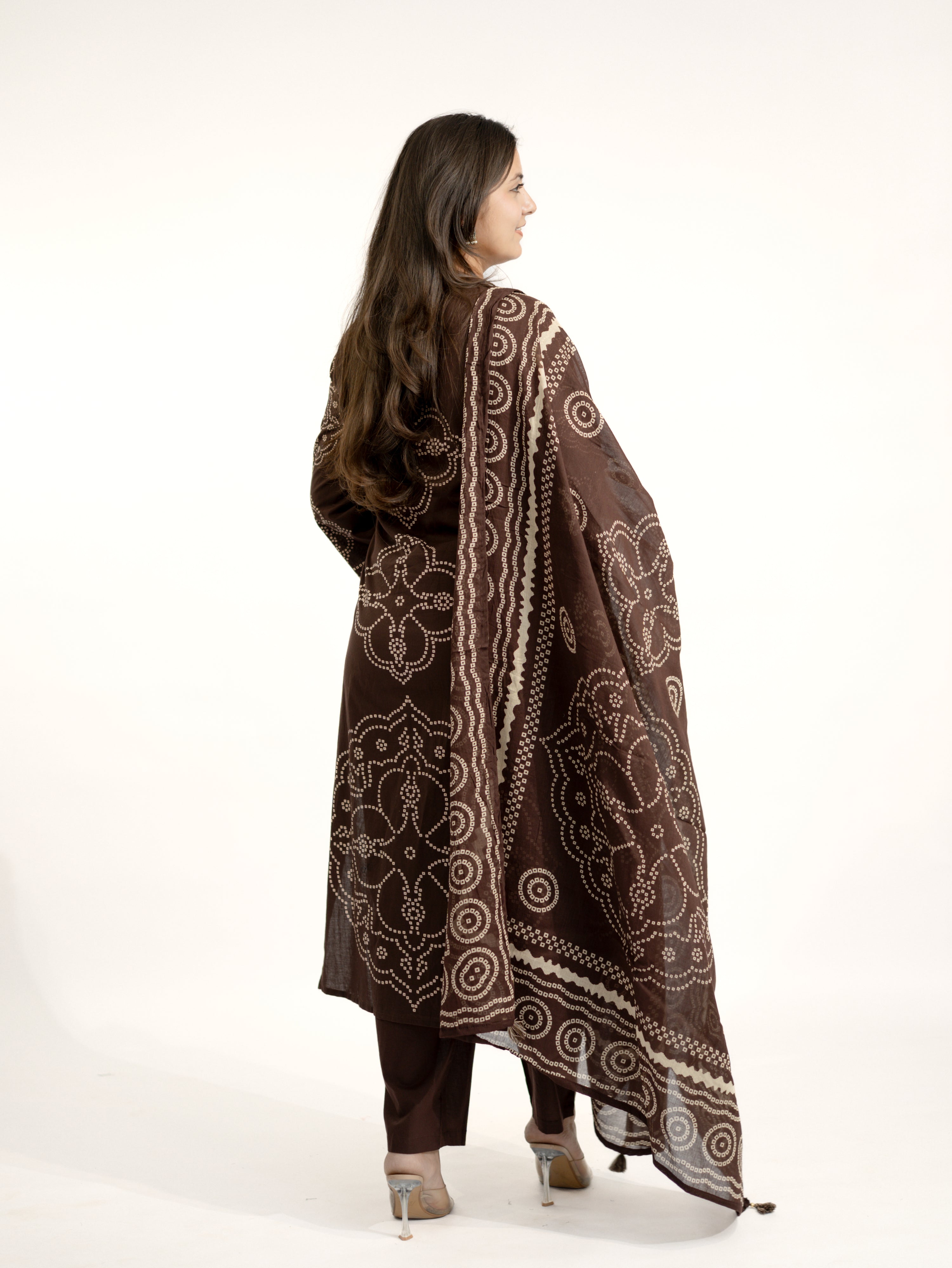 Piya Brown Cotton Bandhani Straight Embroidered Dupatta Set
