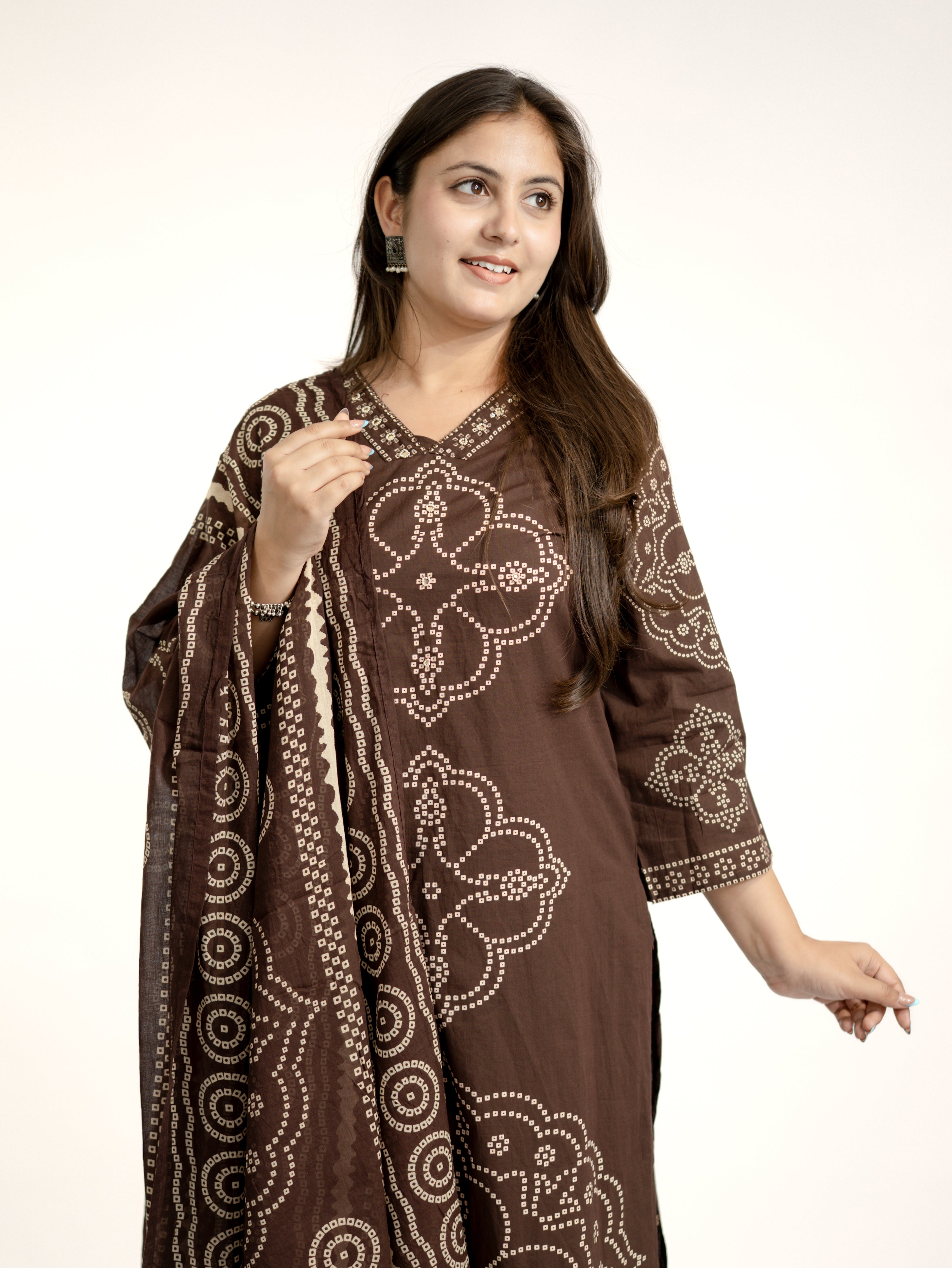 Piya Brown Cotton Bandhani Straight Embroidered Dupatta Set