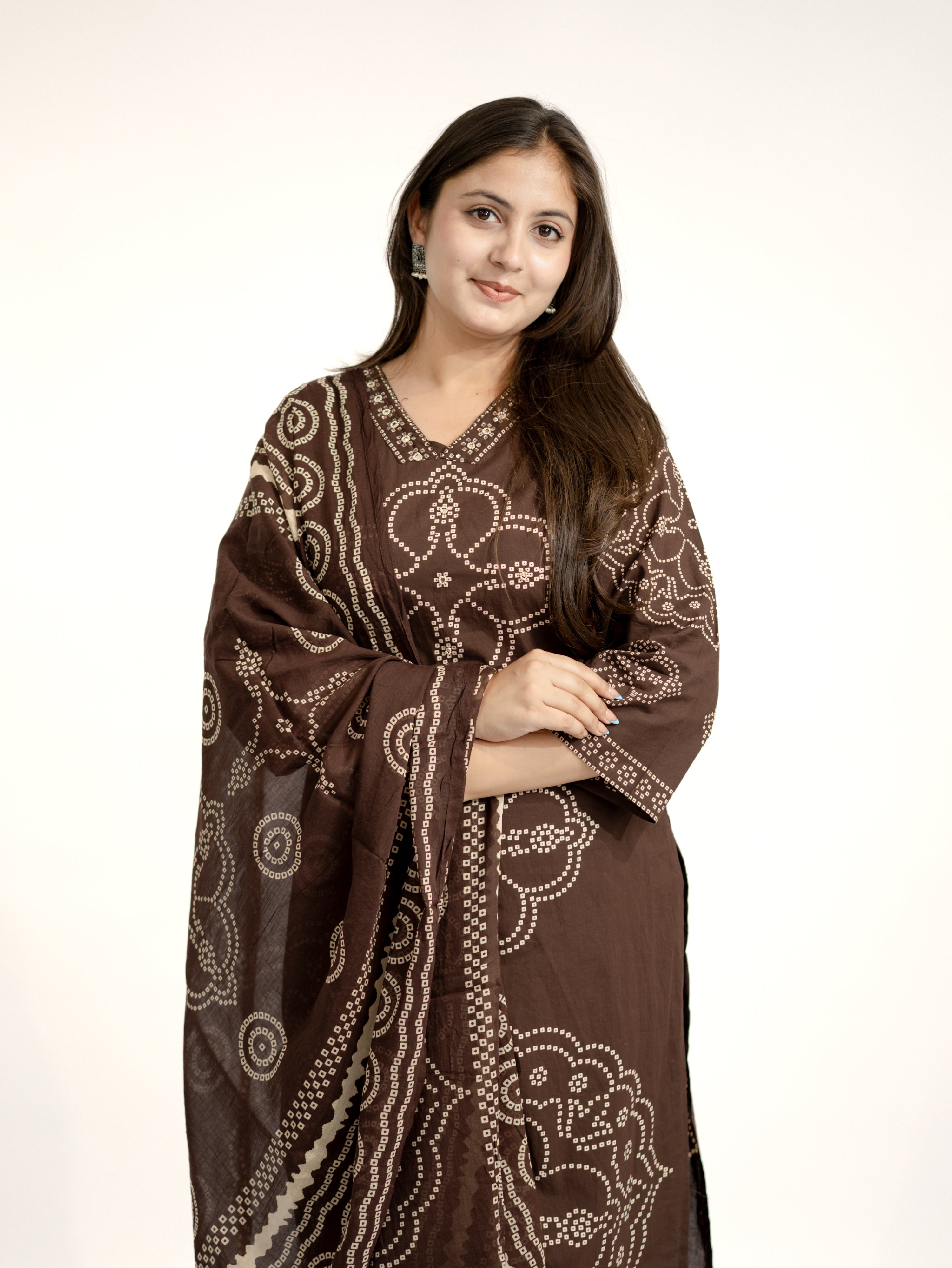 Piya Brown Cotton Bandhani Straight Embroidered Dupatta Set