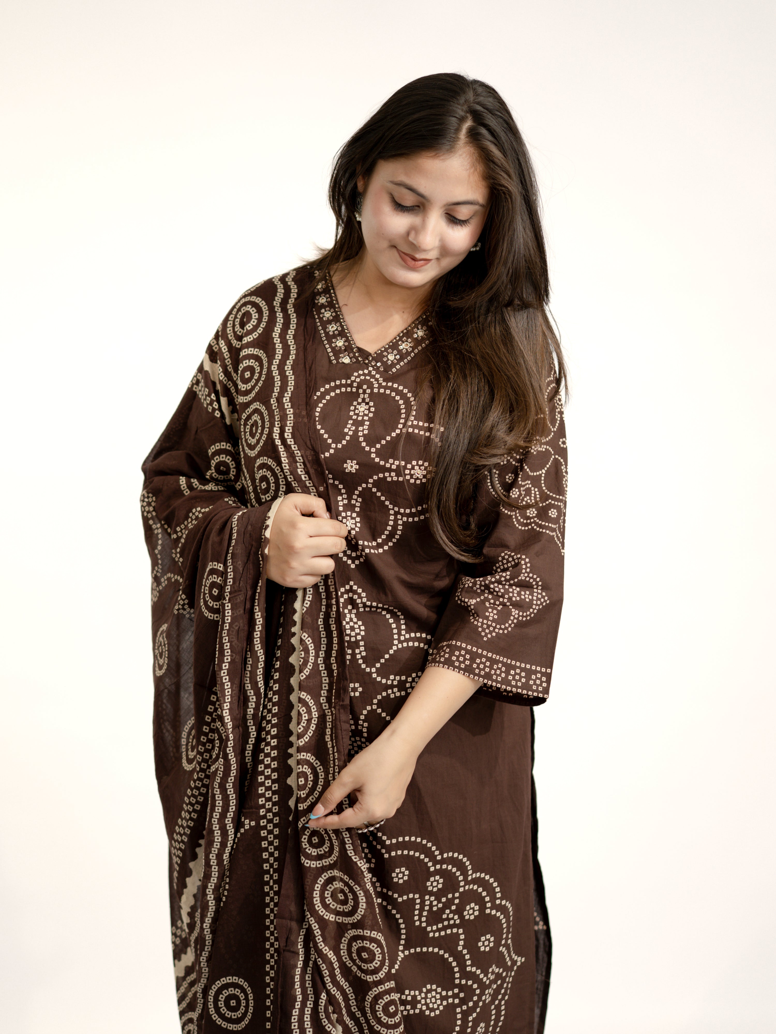 Piya Brown Cotton Bandhani Straight Embroidered Dupatta Set