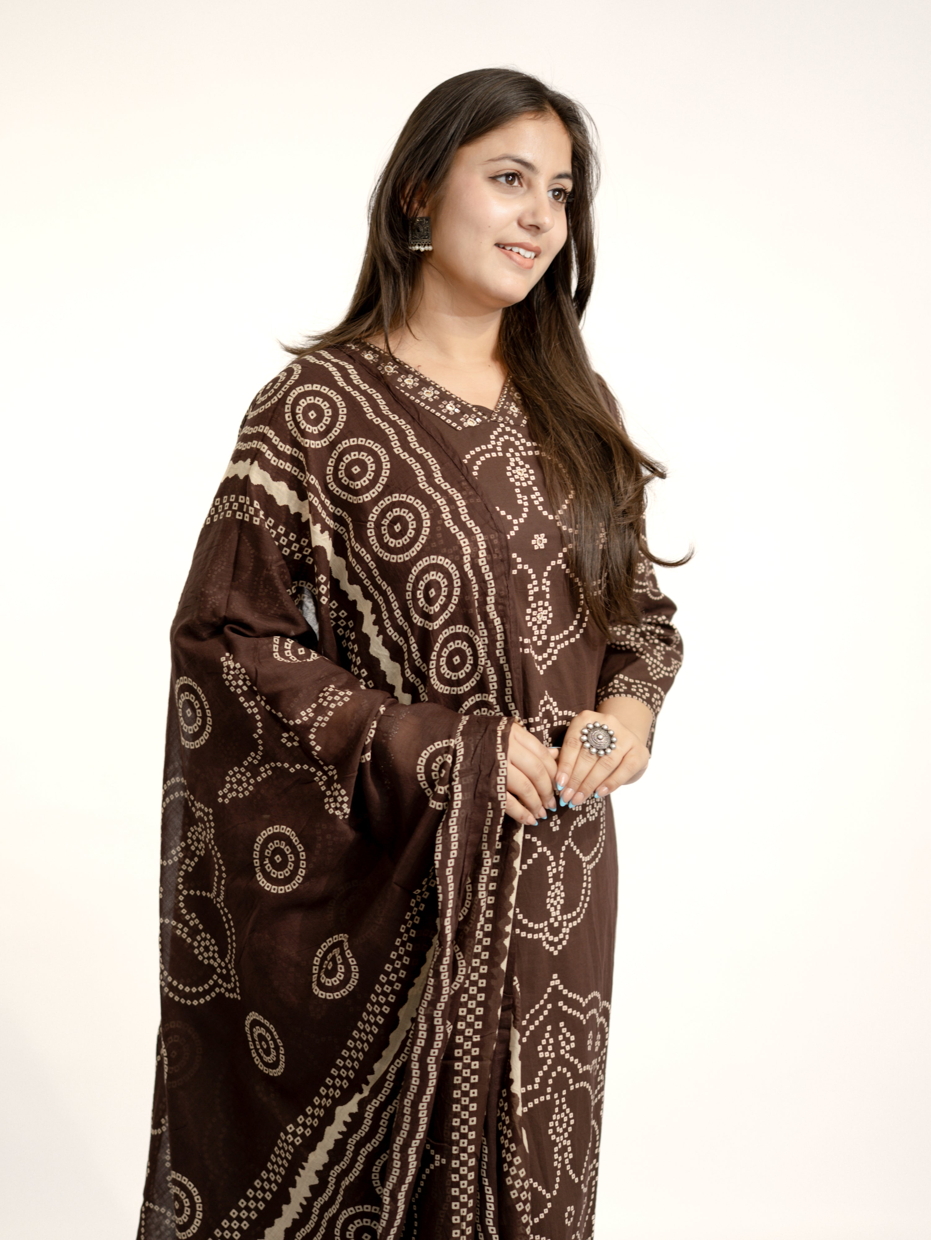 Piya Brown Cotton Bandhani Straight Embroidered Dupatta Set