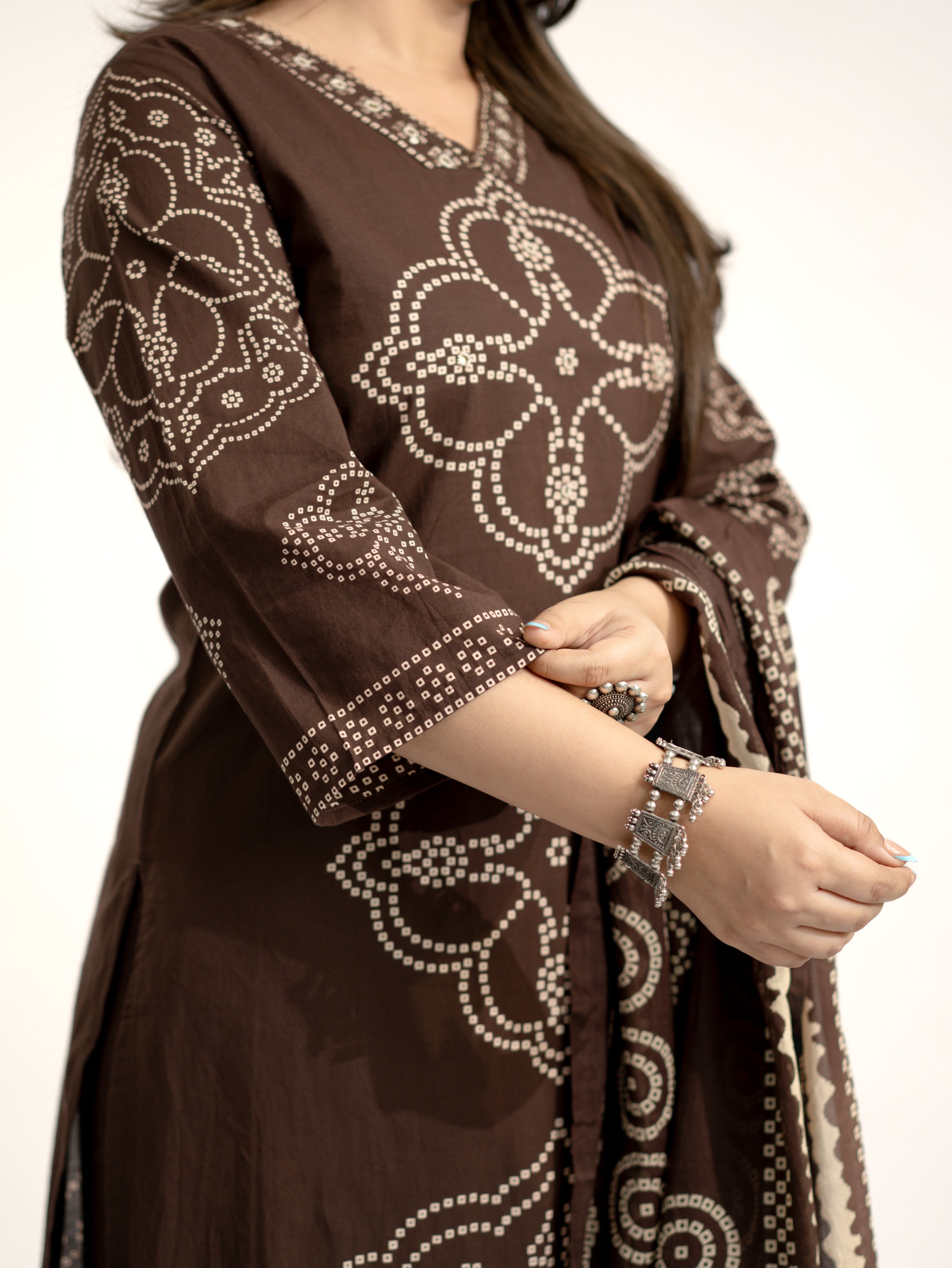 Piya Brown Cotton Bandhani Straight Embroidered Dupatta Set