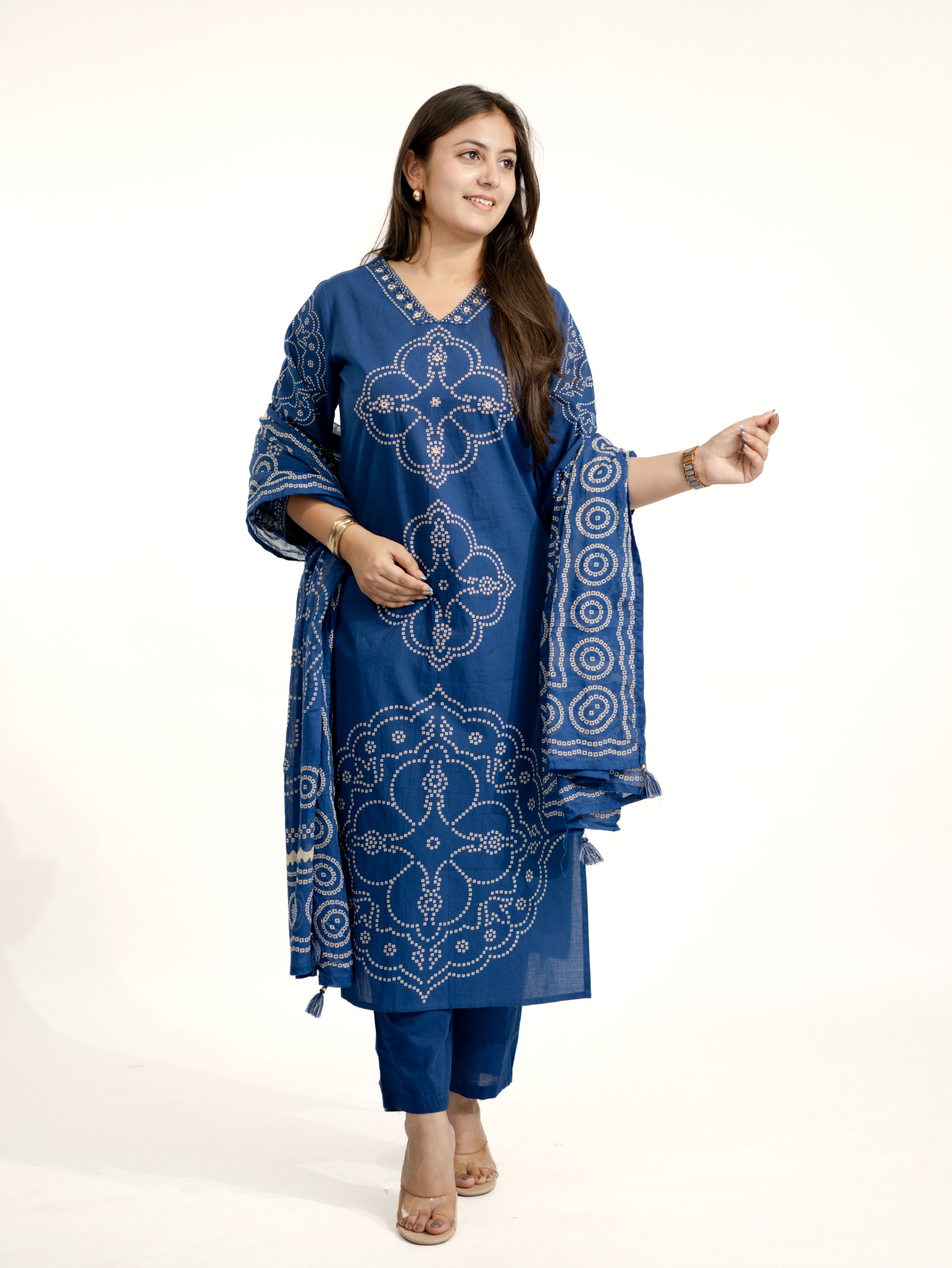 Piya Blue Cotton Bandhani Straight Embroidered Dupatta Set