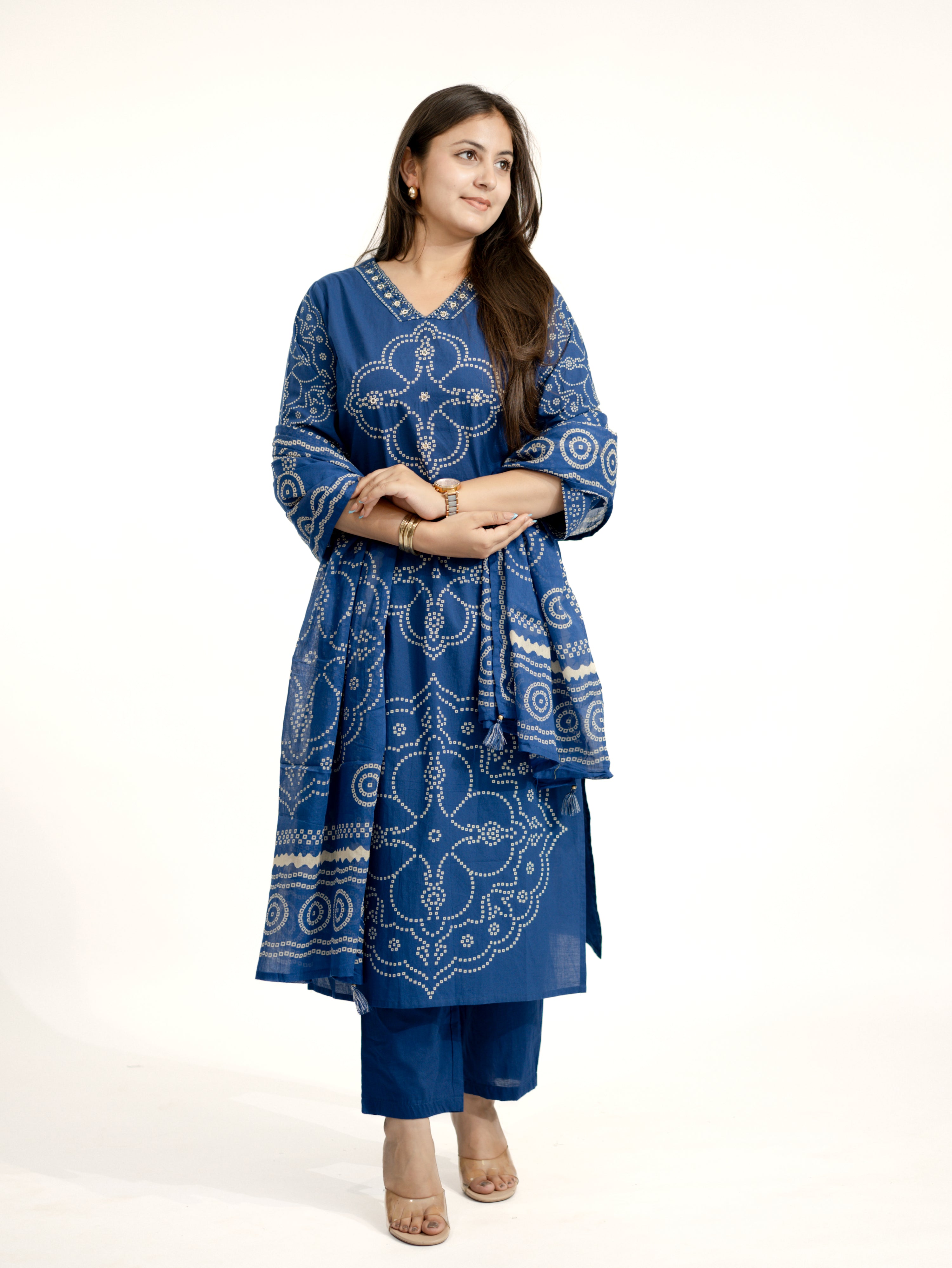 Piya Blue Cotton Bandhani Straight Embroidered Dupatta Set