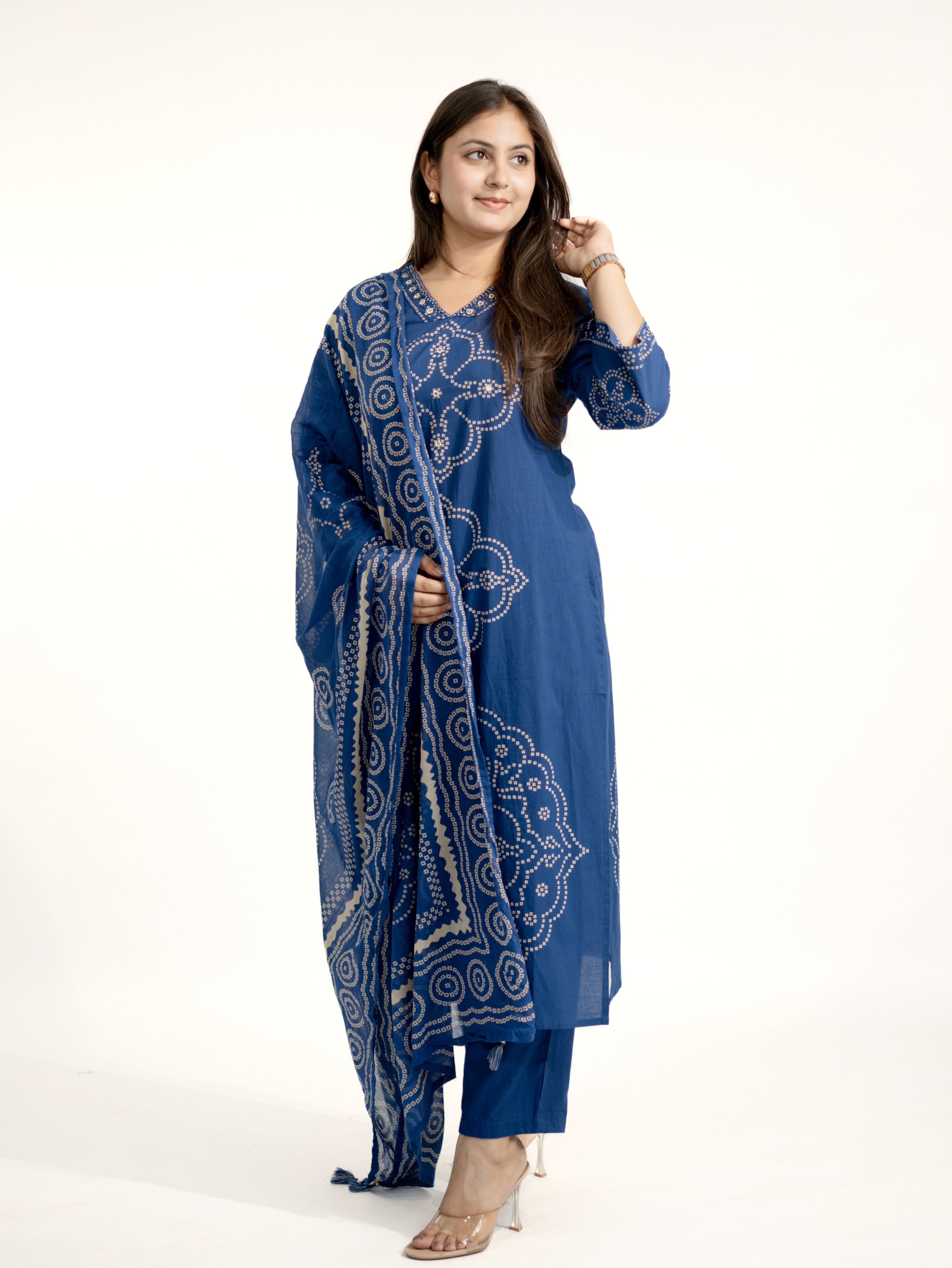 Piya Blue Cotton Bandhani Straight Embroidered Dupatta Set