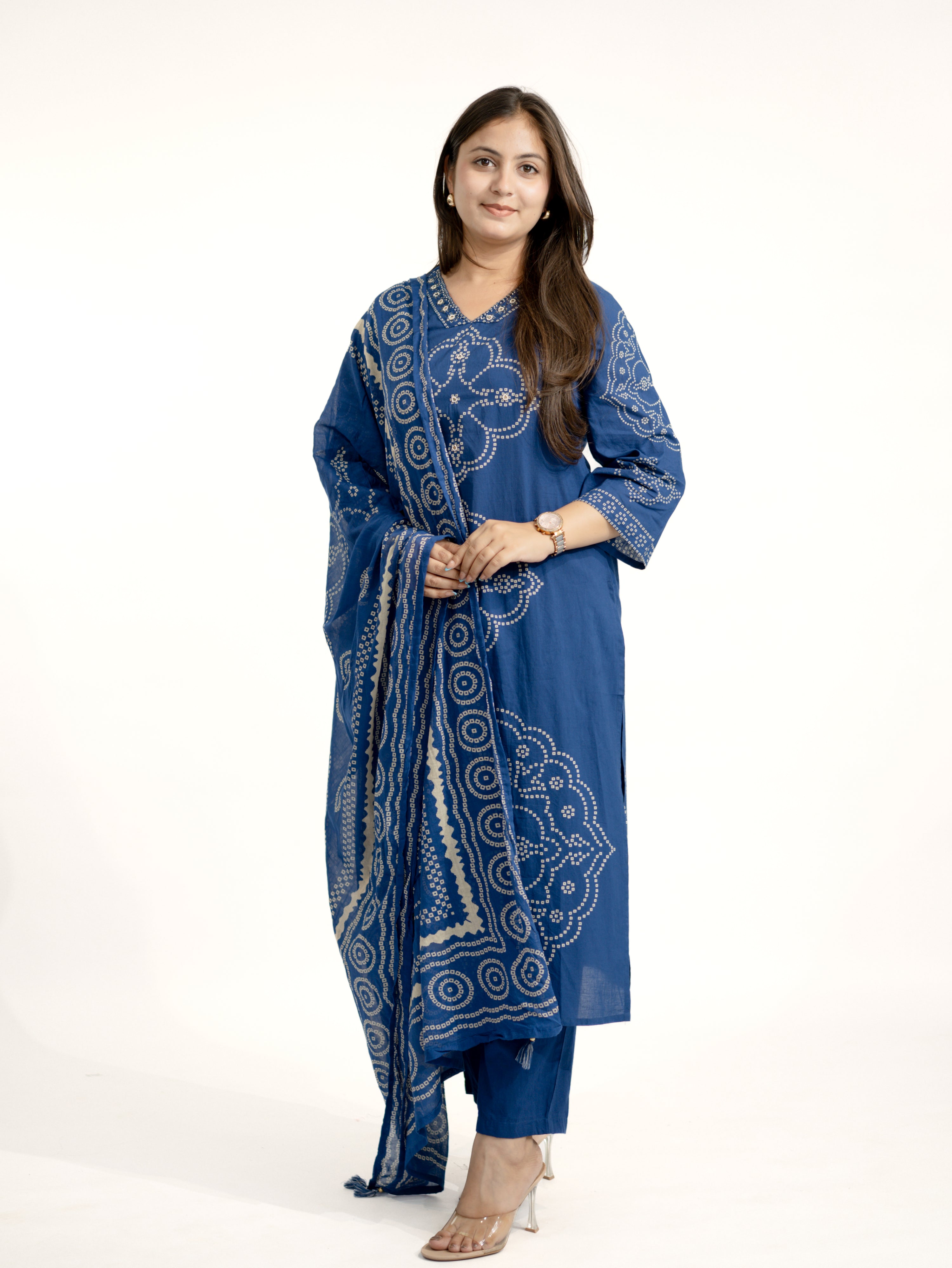 Piya Blue Cotton Bandhani Straight Embroidered Dupatta Set