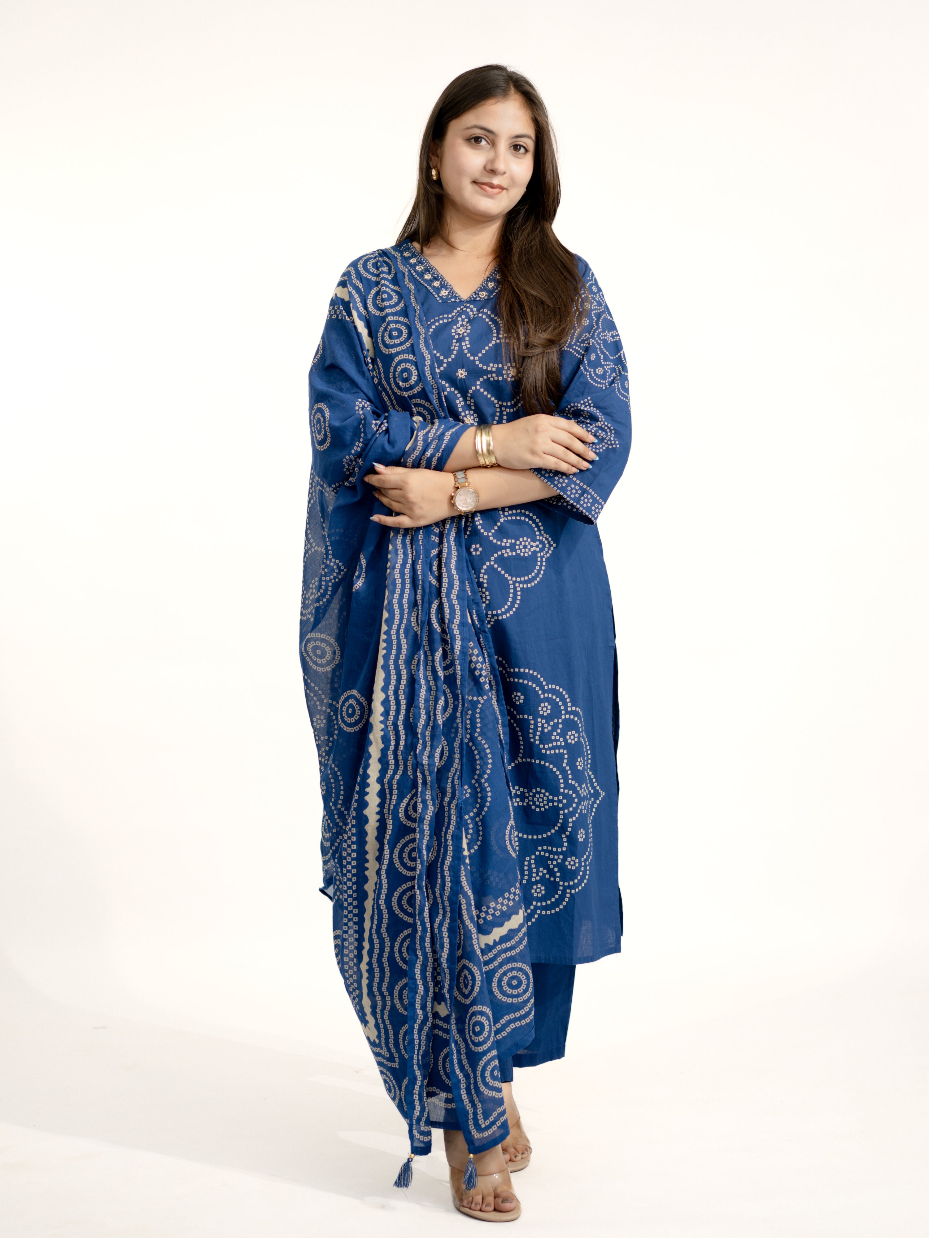Piya Blue Cotton Bandhani Straight Embroidered Dupatta Set