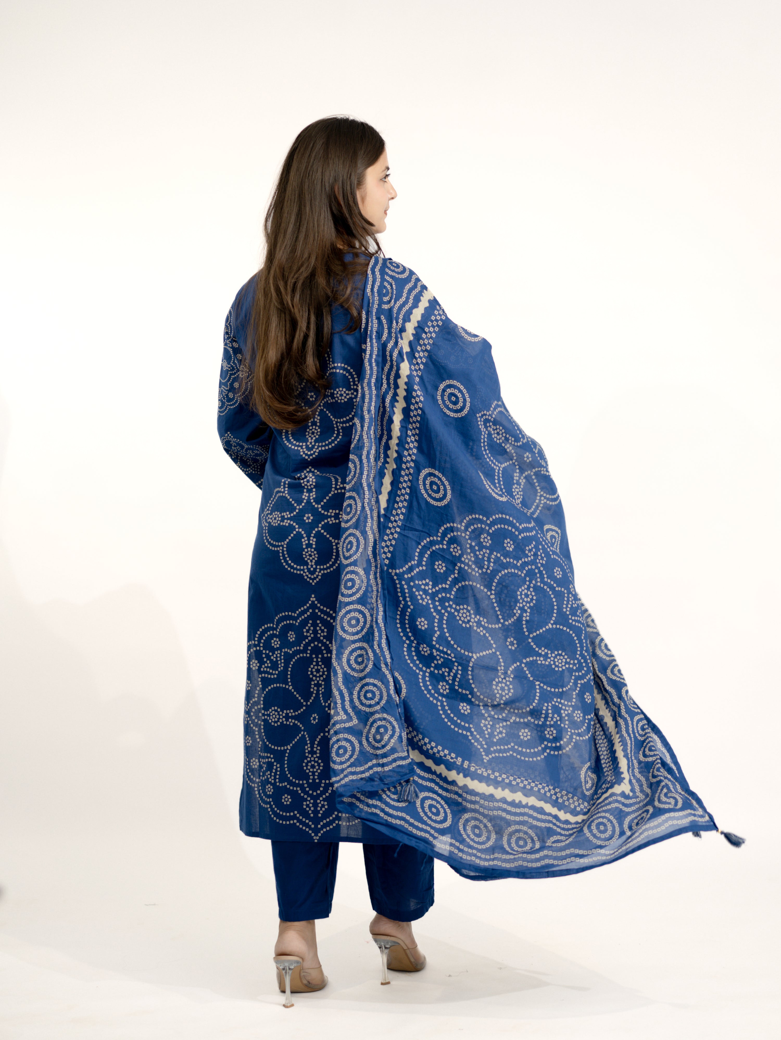 Piya Blue Cotton Bandhani Straight Embroidered Dupatta Set