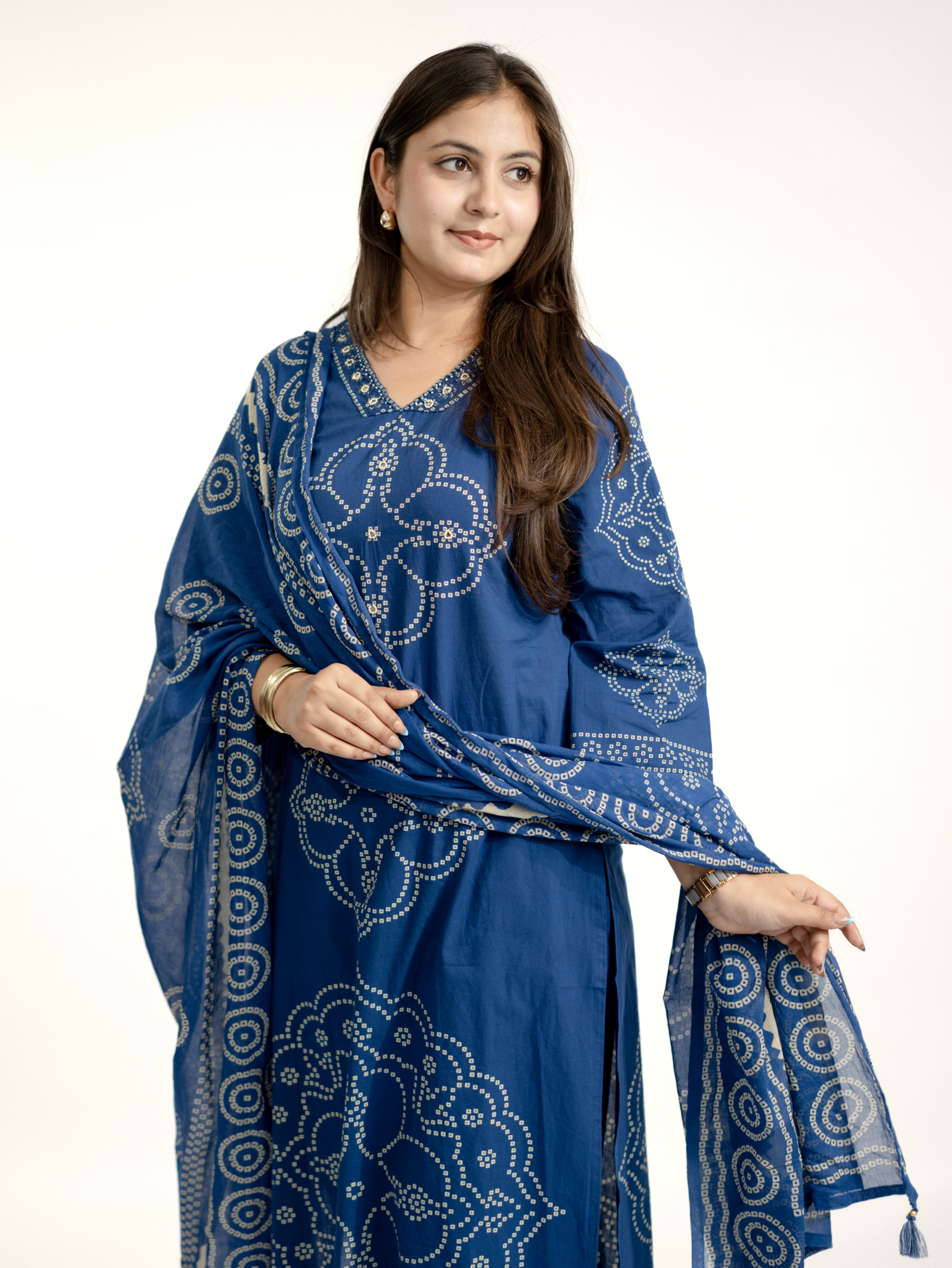 Piya Blue Cotton Bandhani Straight Embroidered Dupatta Set