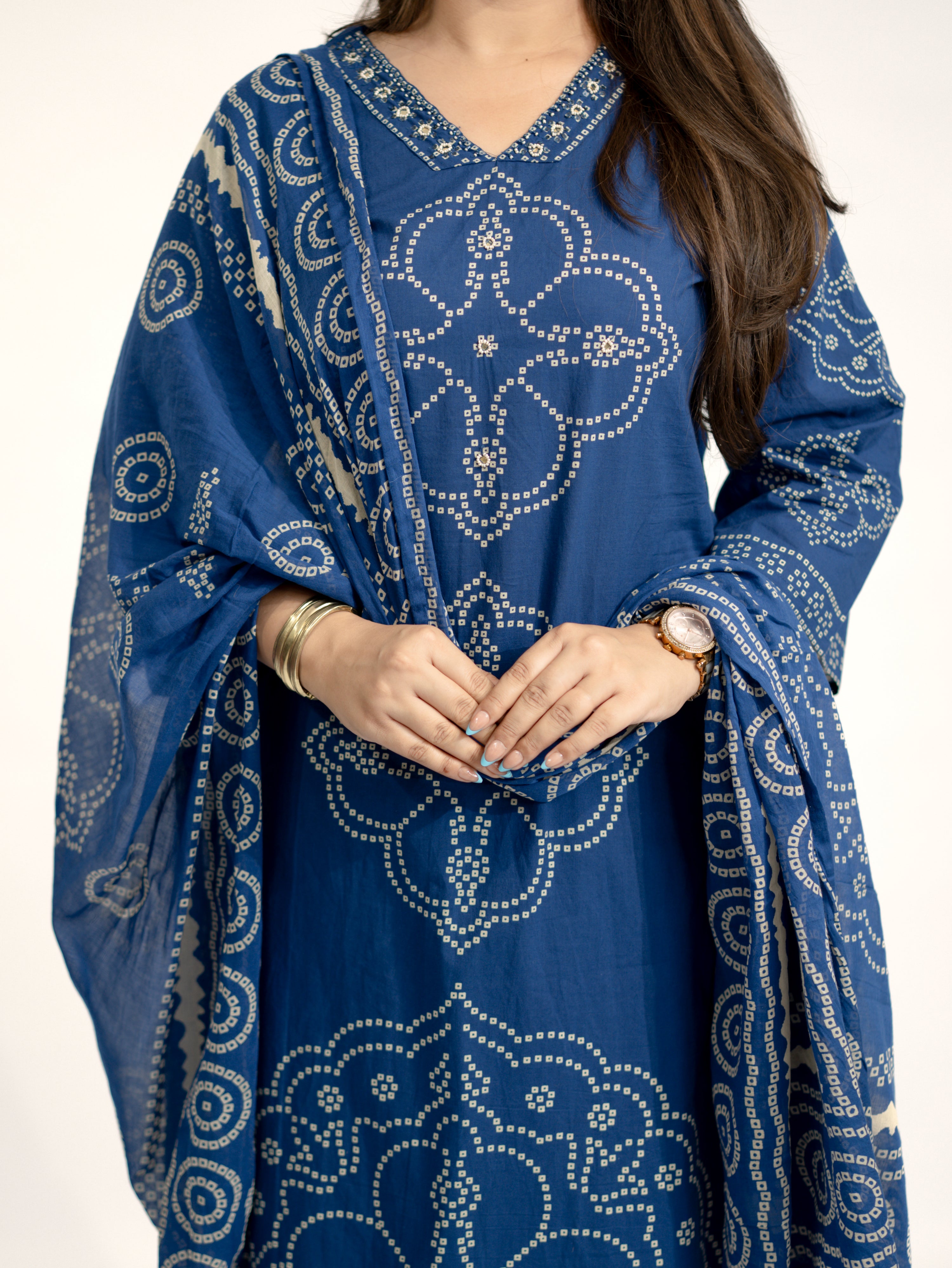 Piya Blue Cotton Bandhani Straight Embroidered Dupatta Set