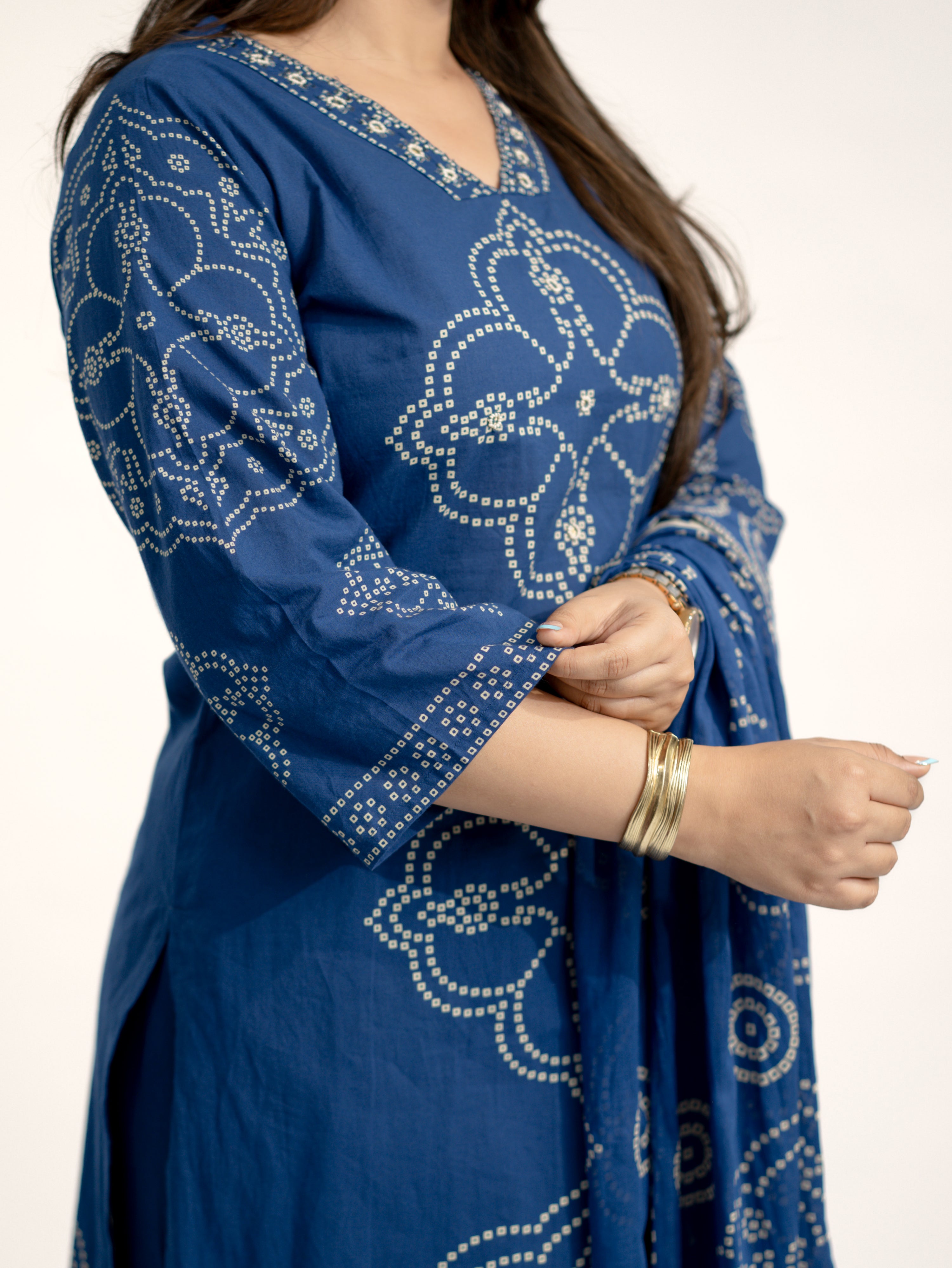 Piya Blue Cotton Bandhani Straight Embroidered Dupatta Set