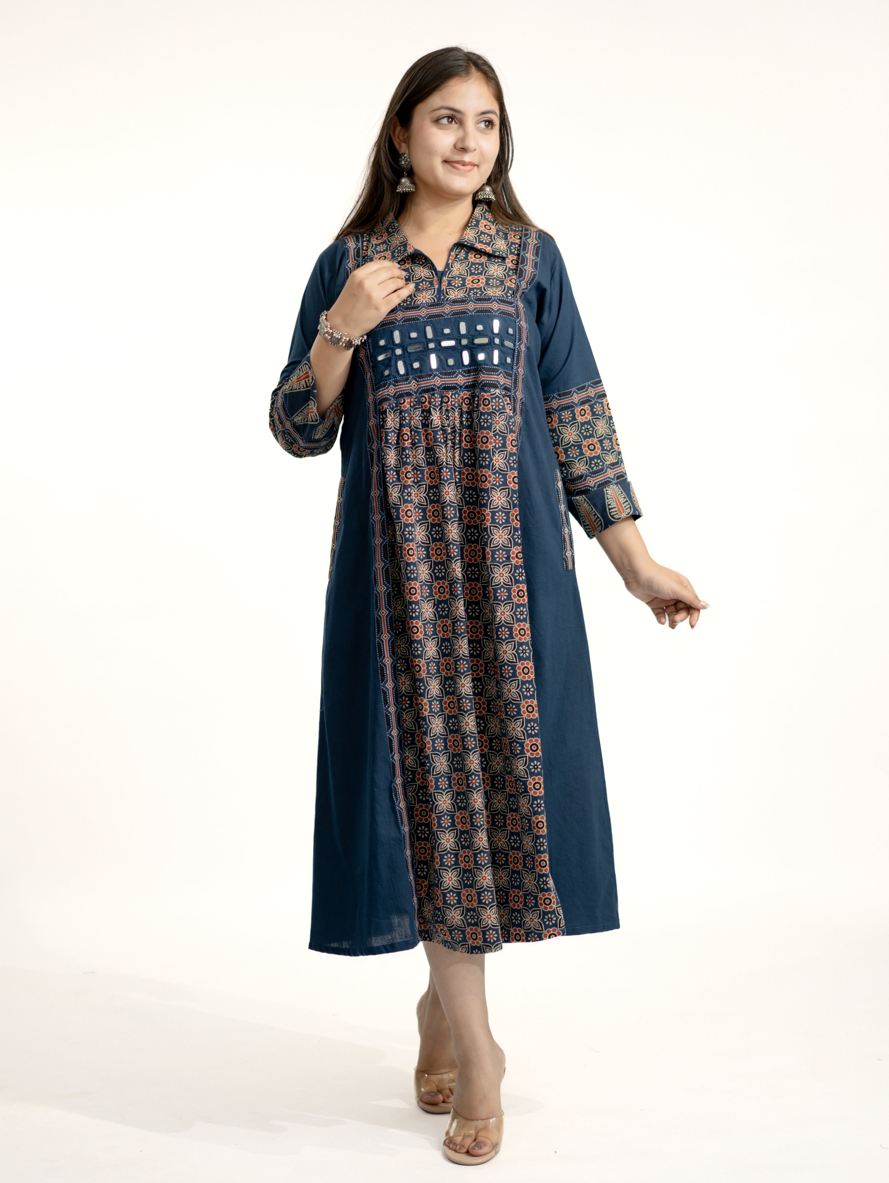 Navia Blue Cotton Ajrakh Kutch Embroidered A-line Kurta