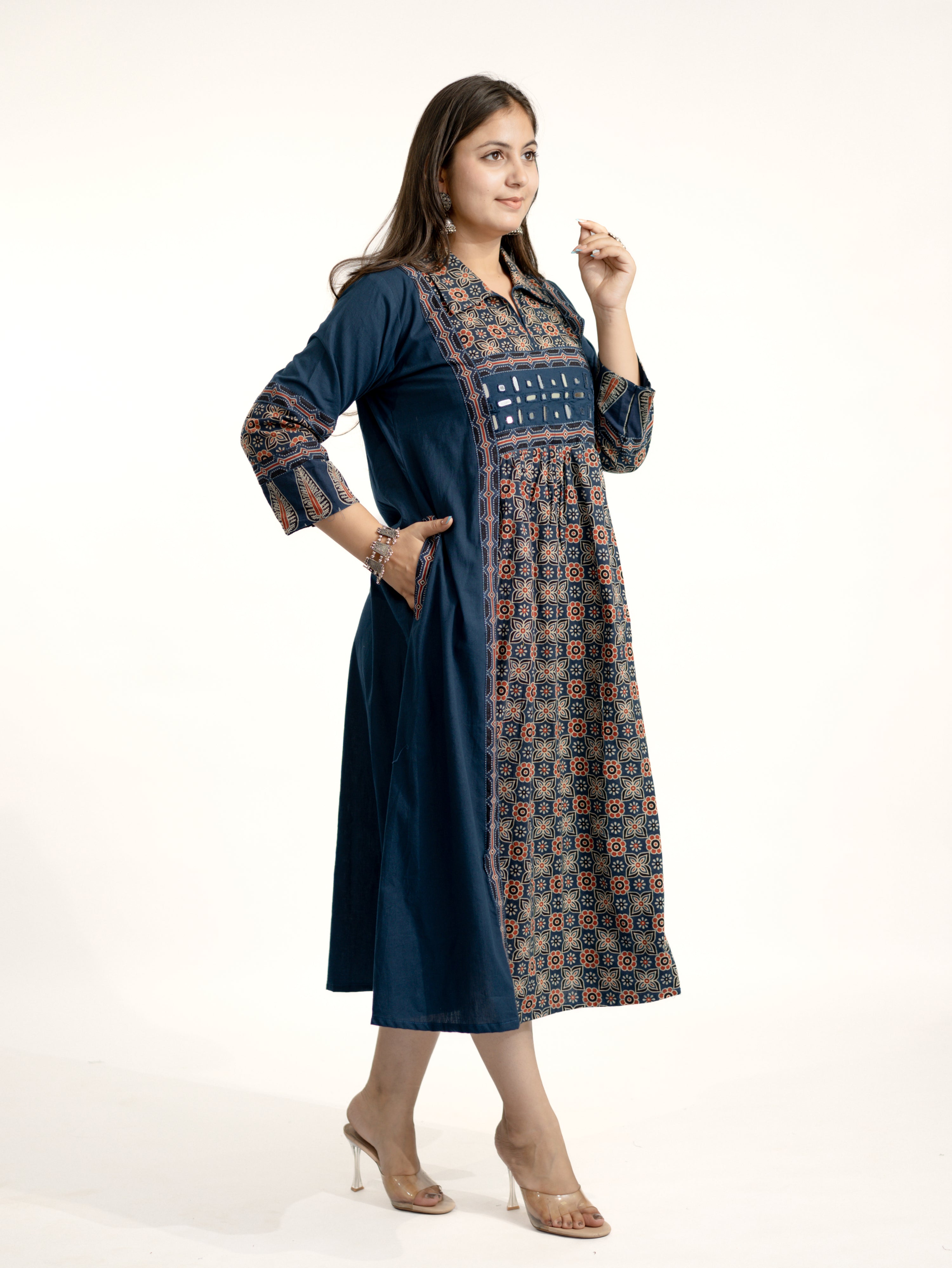 Navia Blue Cotton Ajrakh Kutch Embroidered A-line Kurta