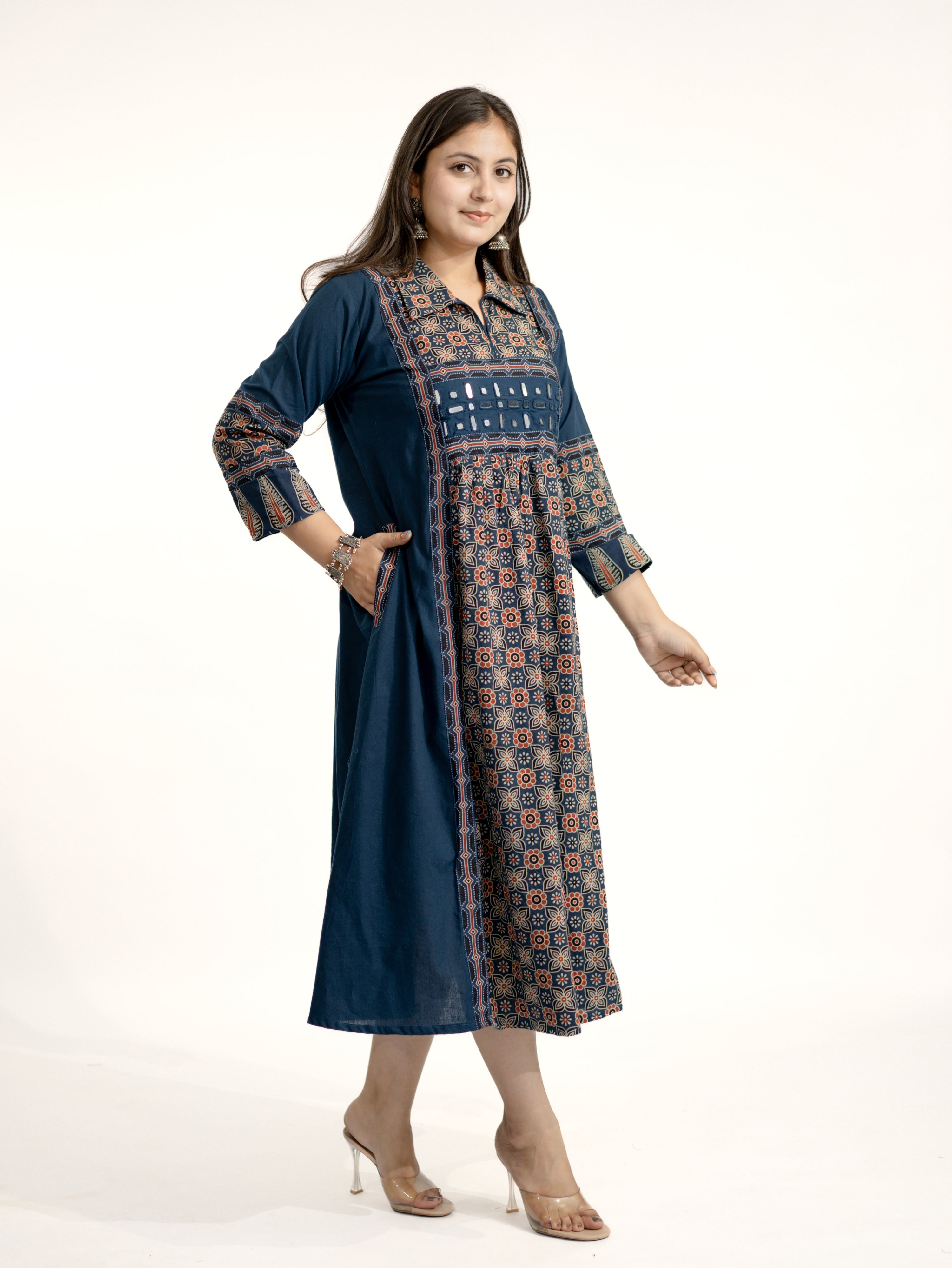 Navia Blue Cotton Ajrakh Kutch Embroidered A-line Kurta