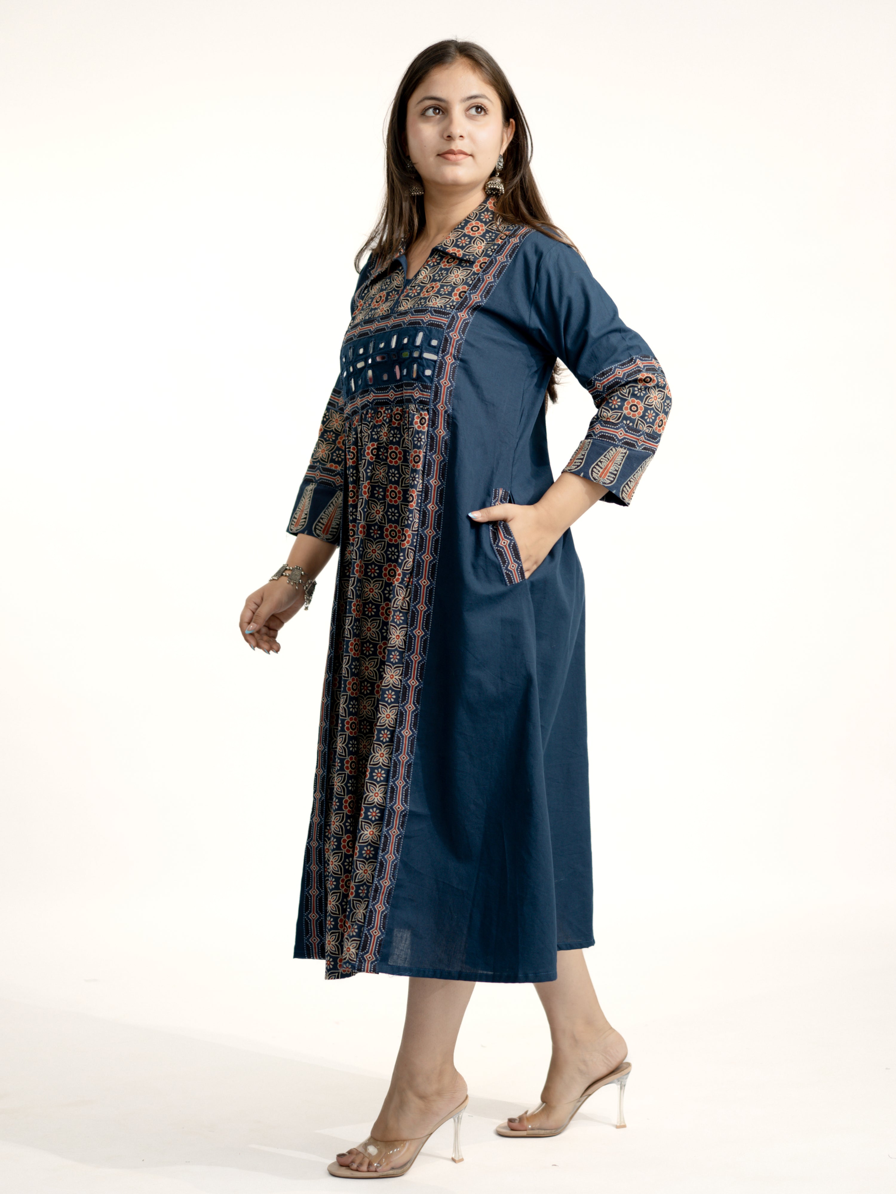 Navia Blue Cotton Ajrakh Kutch Embroidered A-line Kurta