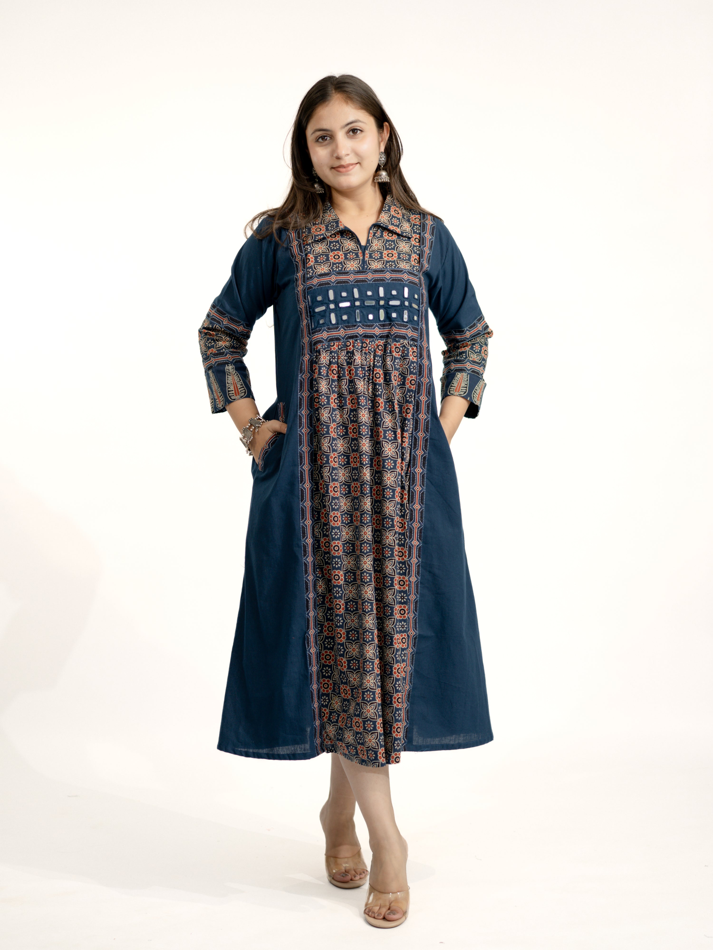 Navia Blue Cotton Ajrakh Kutch Embroidered A-line Kurta