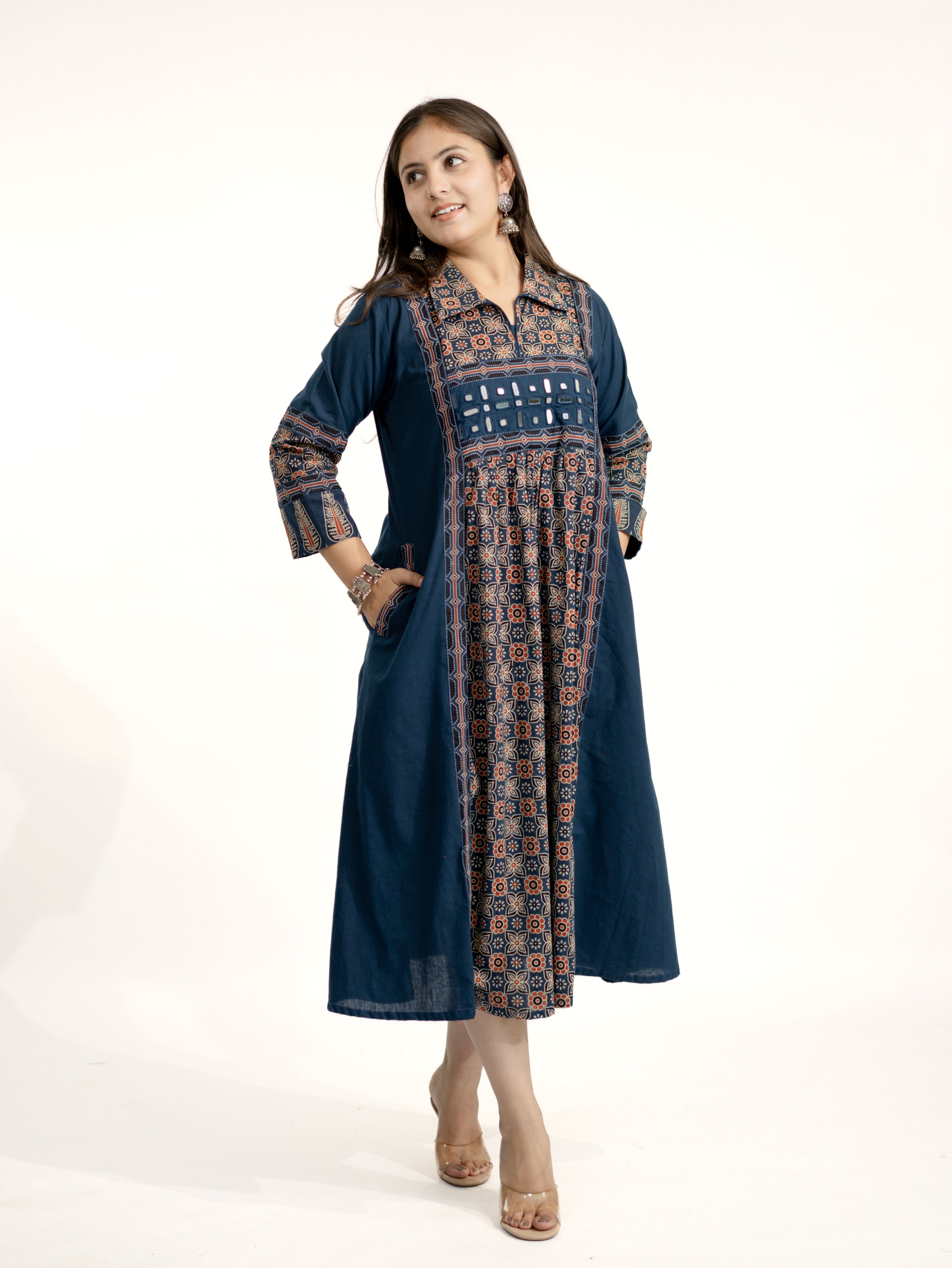 Navia Blue Cotton Ajrakh Kutch Embroidered A-line Kurta