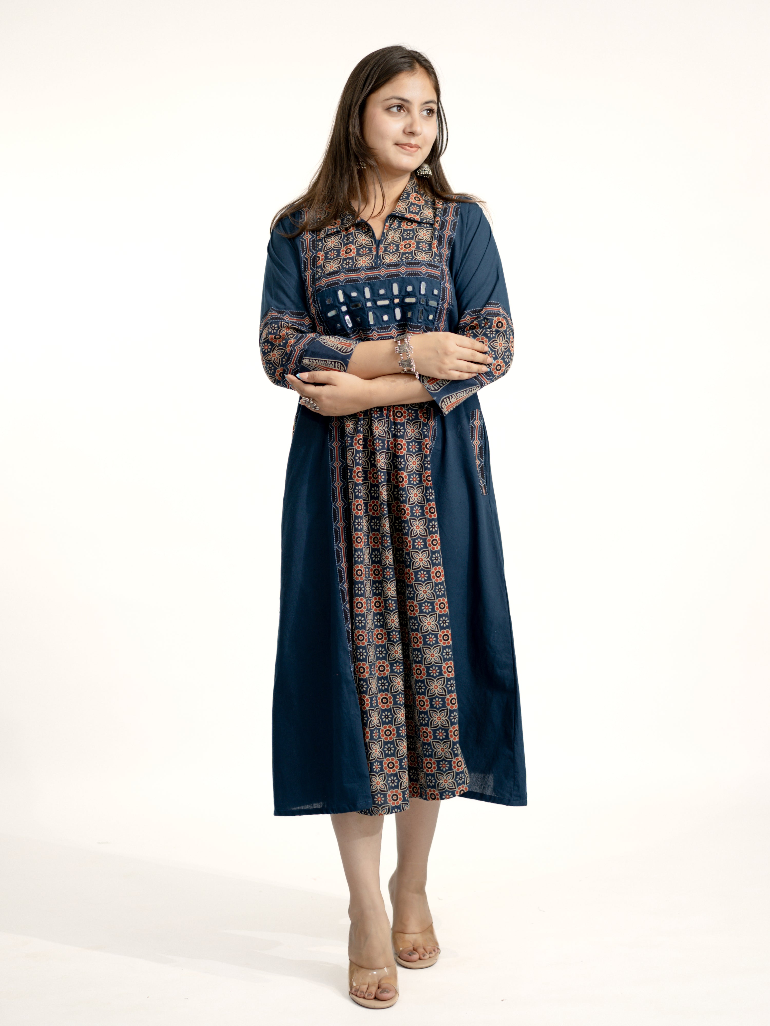Navia Blue Cotton Ajrakh Kutch Embroidered A-line Kurta