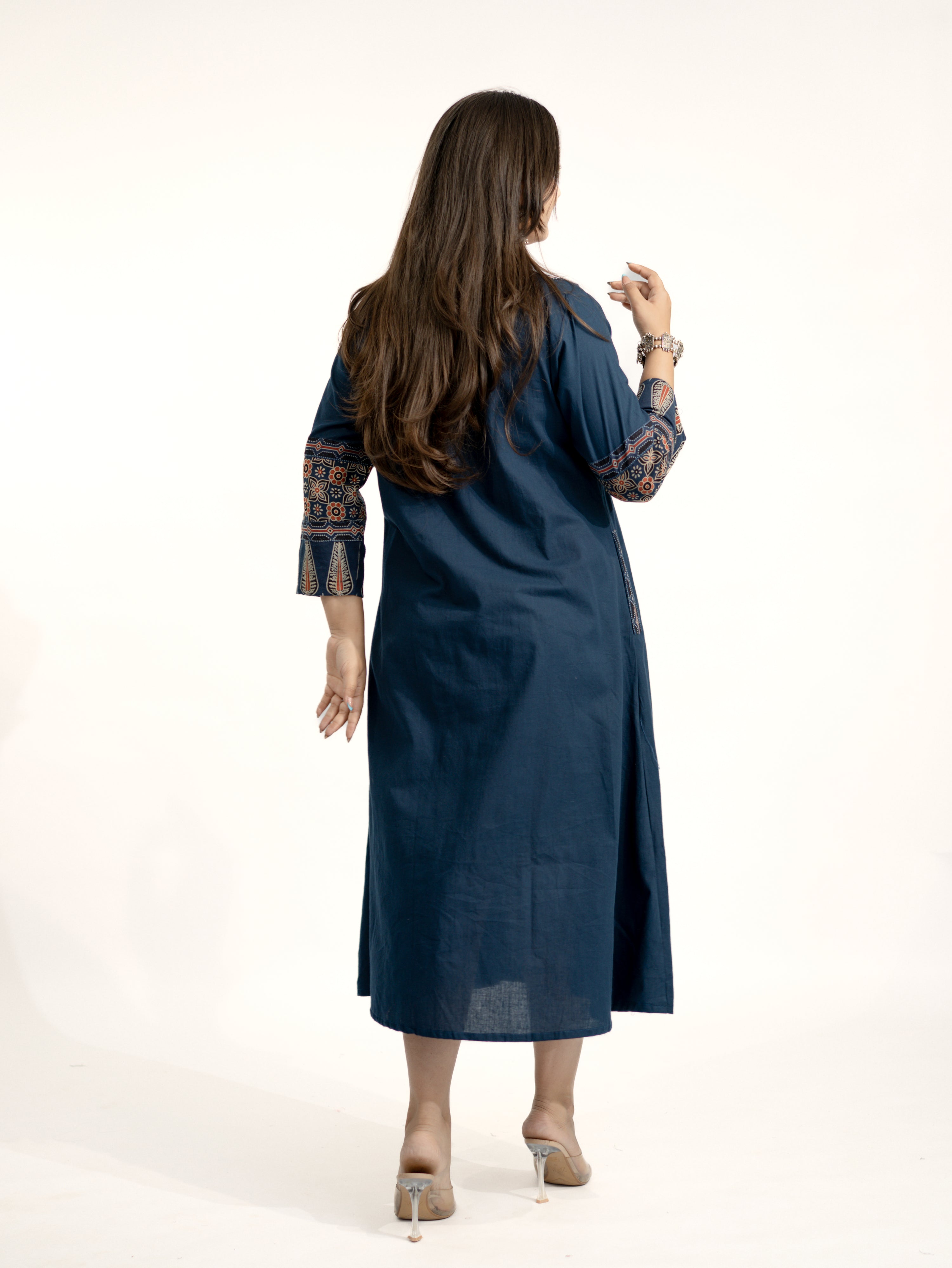 Navia Blue Cotton Ajrakh Kutch Embroidered A-line Kurta