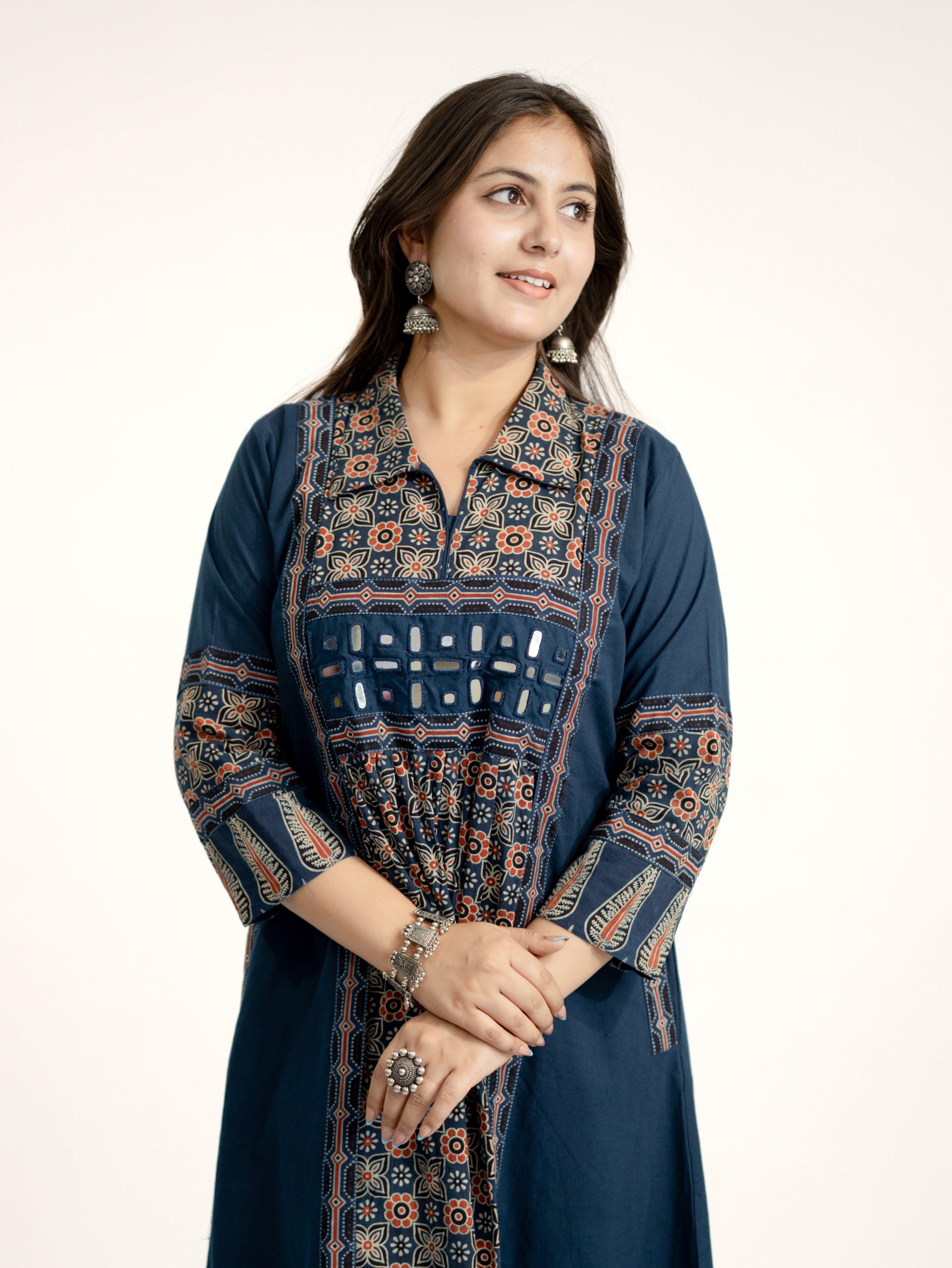 Navia Blue Cotton Ajrakh Kutch Embroidered A-line Kurta
