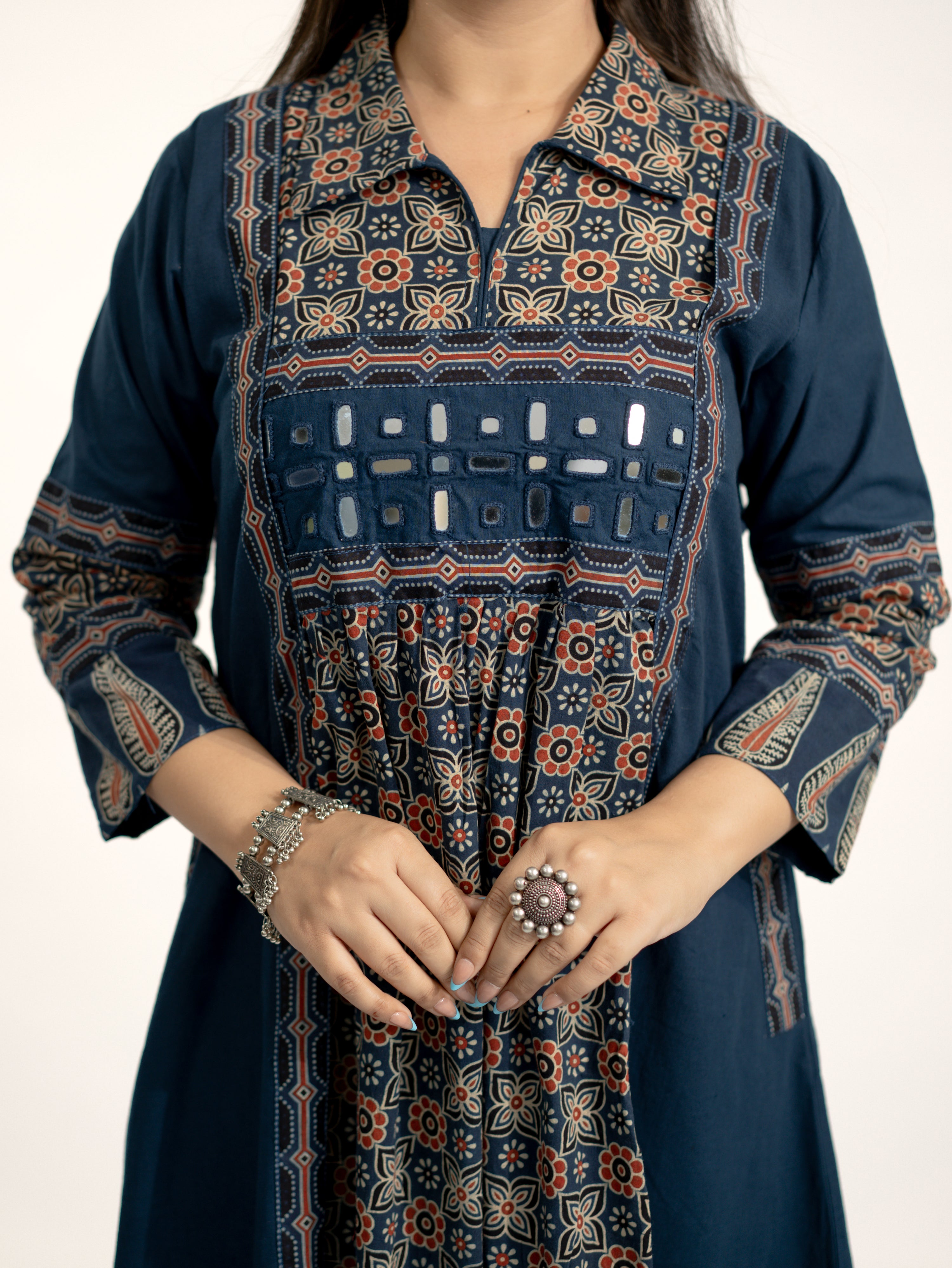 Navia Blue Cotton Ajrakh Kutch Embroidered A-line Kurta