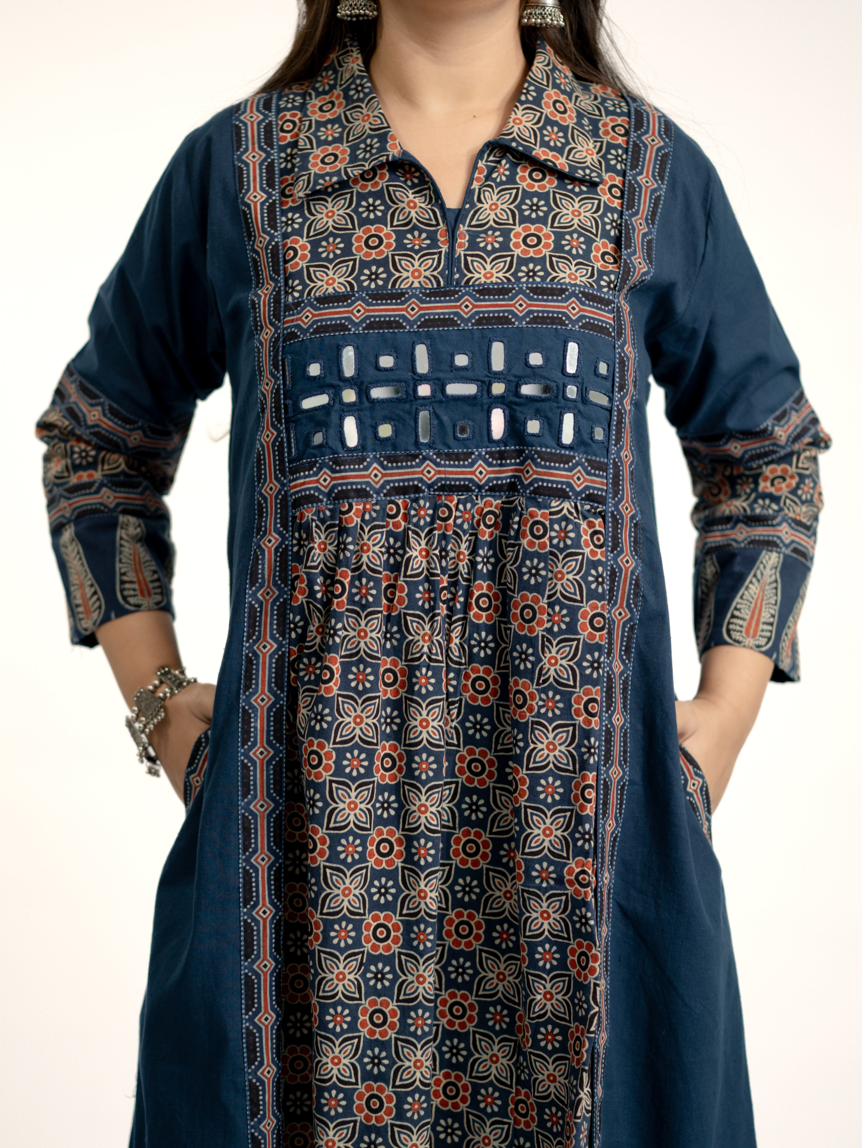 Navia Blue Cotton Ajrakh Kutch Embroidered A-line Kurta