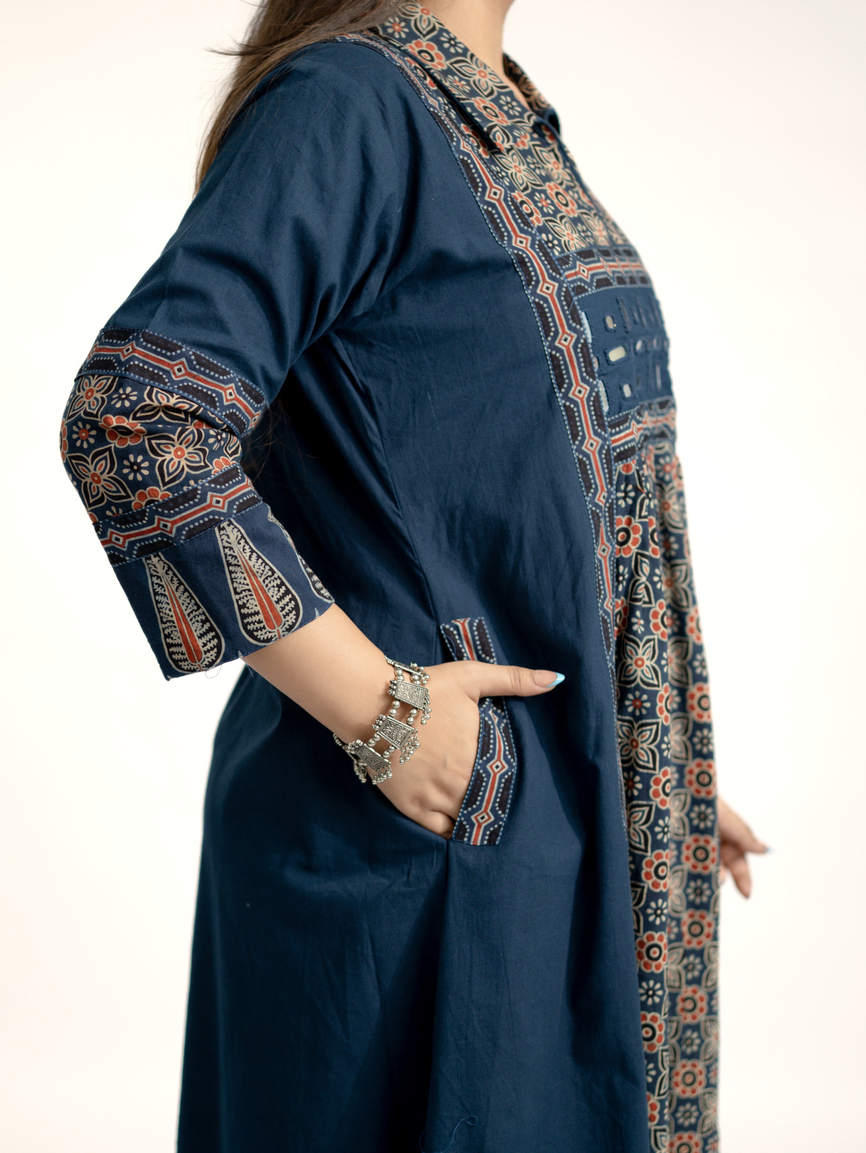 Navia Blue Cotton Ajrakh Kutch Embroidered A-line Kurta
