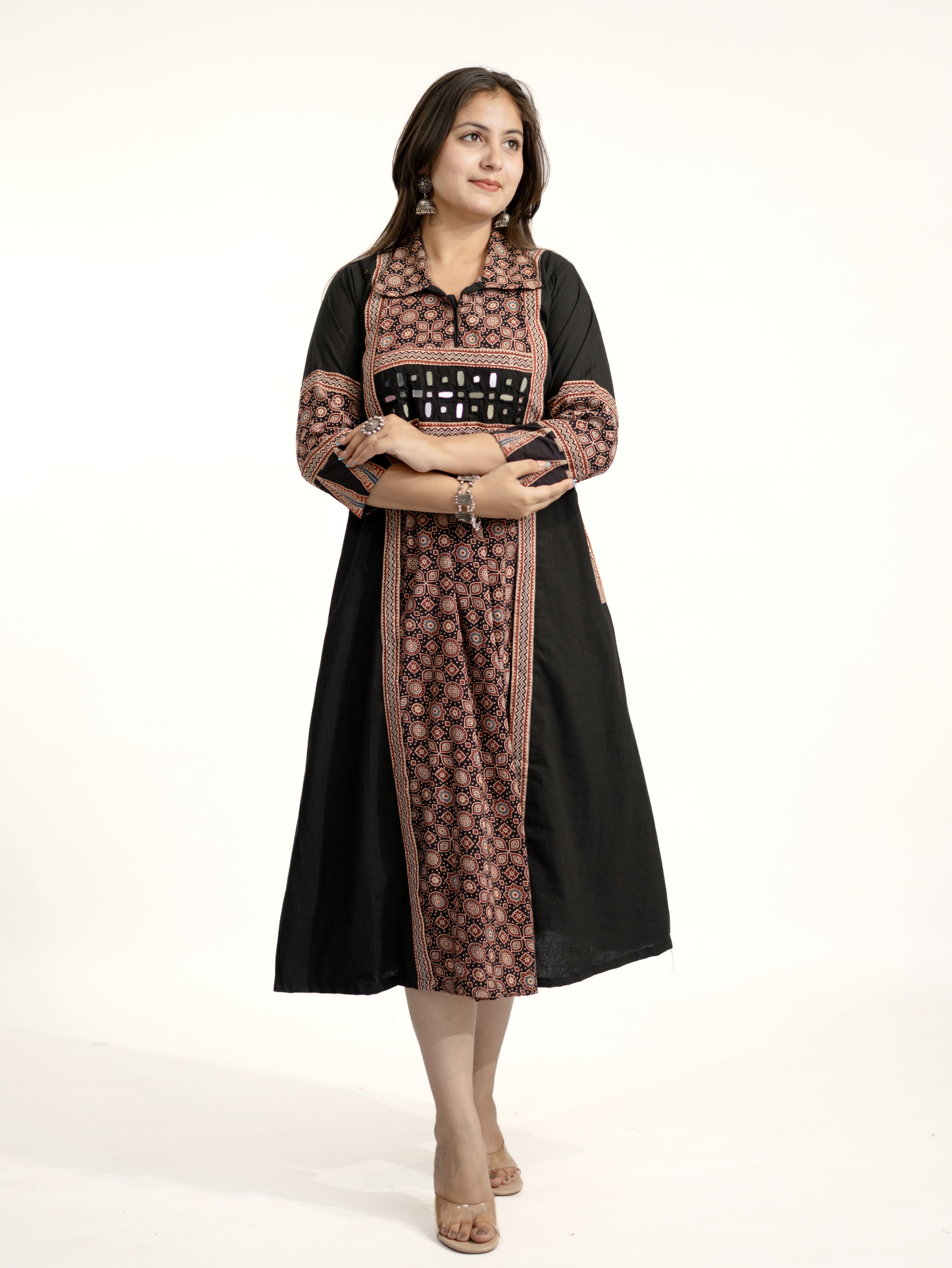 Vanya Black Cotton Ajrakh Kutch Embroidered A-line Kurta