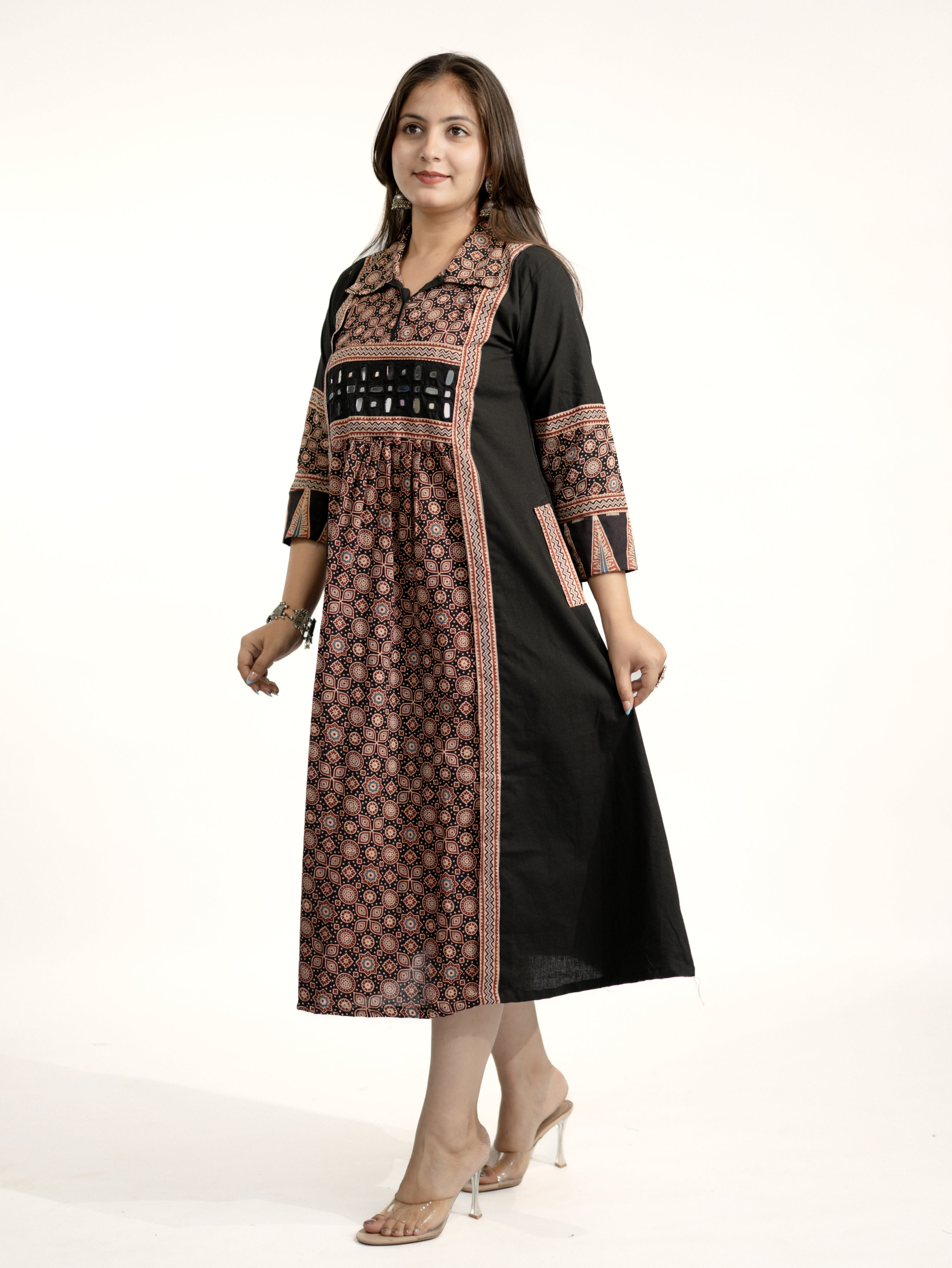 Vanya Black Cotton Ajrakh Kutch Embroidered A-line Kurta
