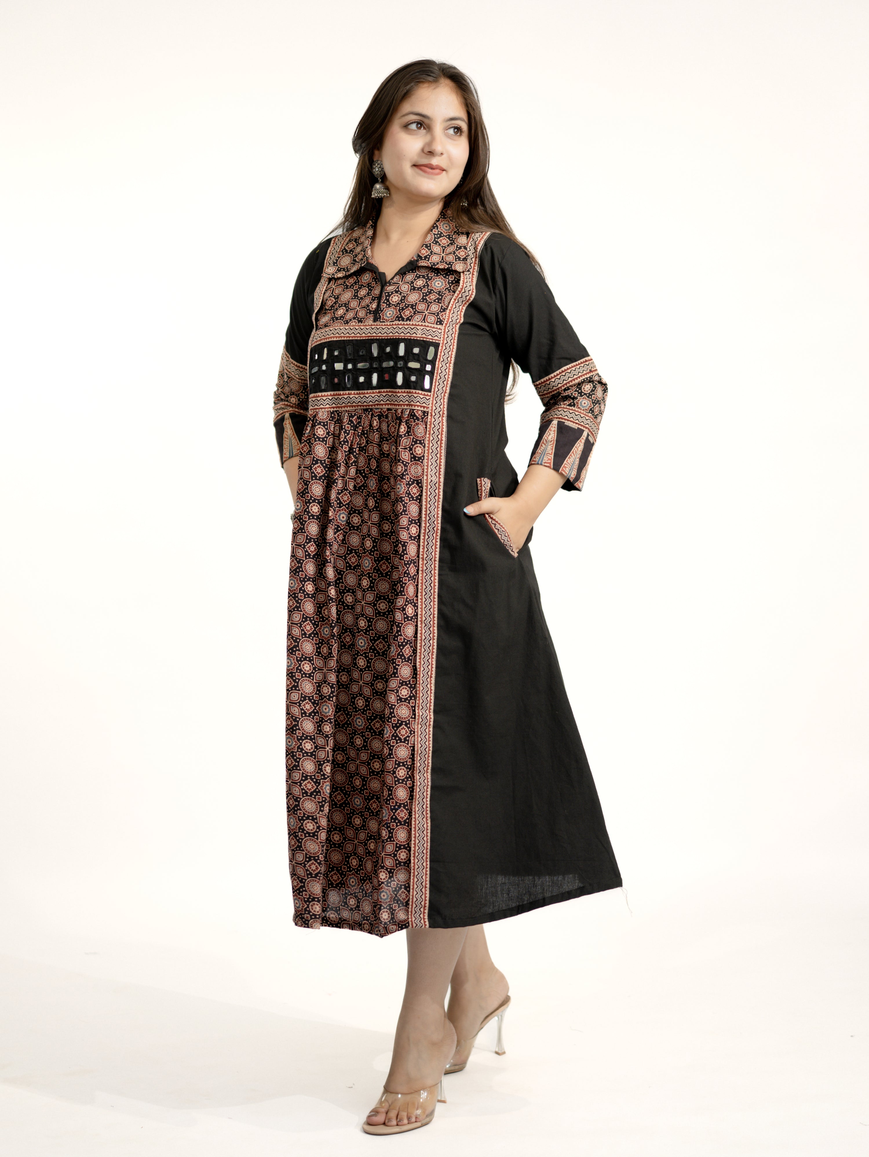 Vanya Black Cotton Ajrakh Kutch Embroidered A-line Kurta