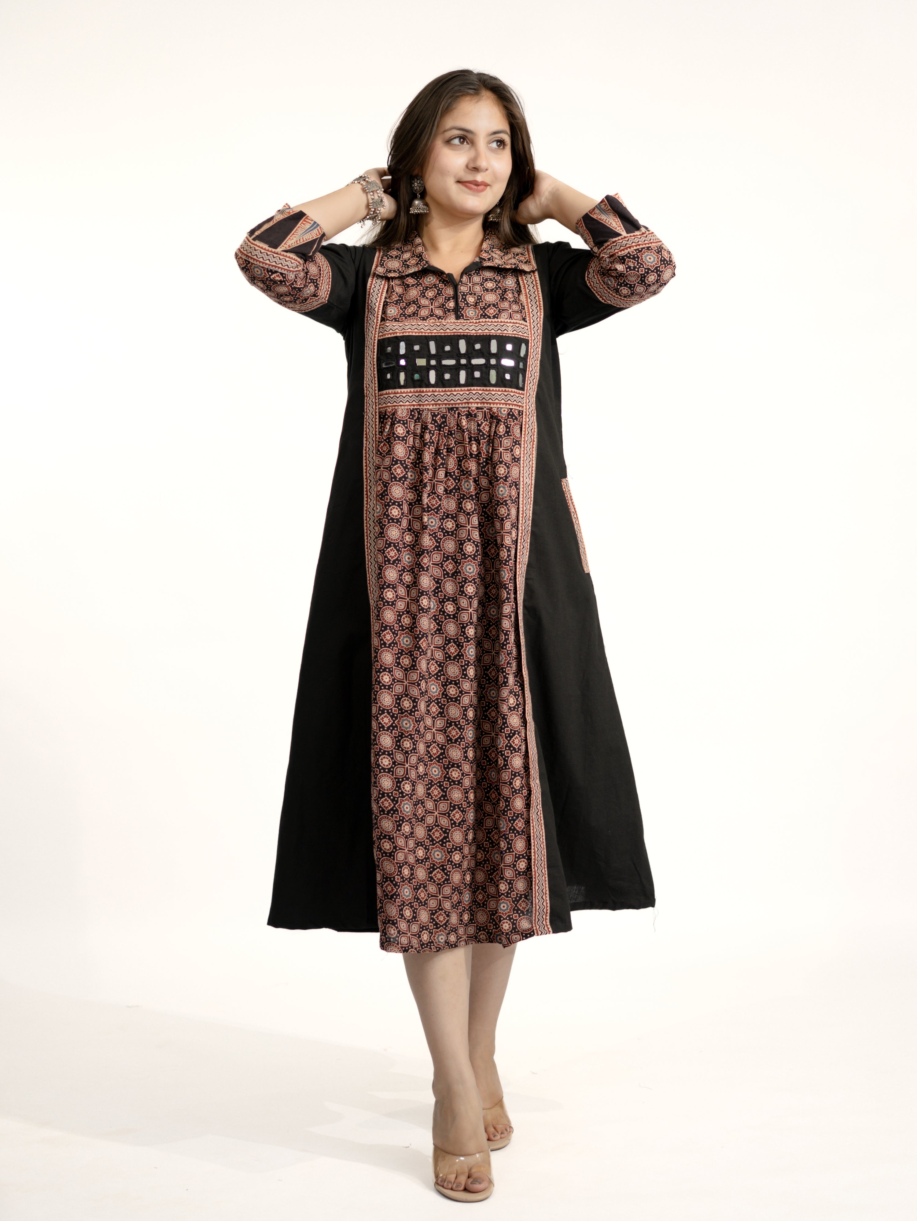 Vanya Black Cotton Ajrakh Kutch Embroidered A-line Kurta