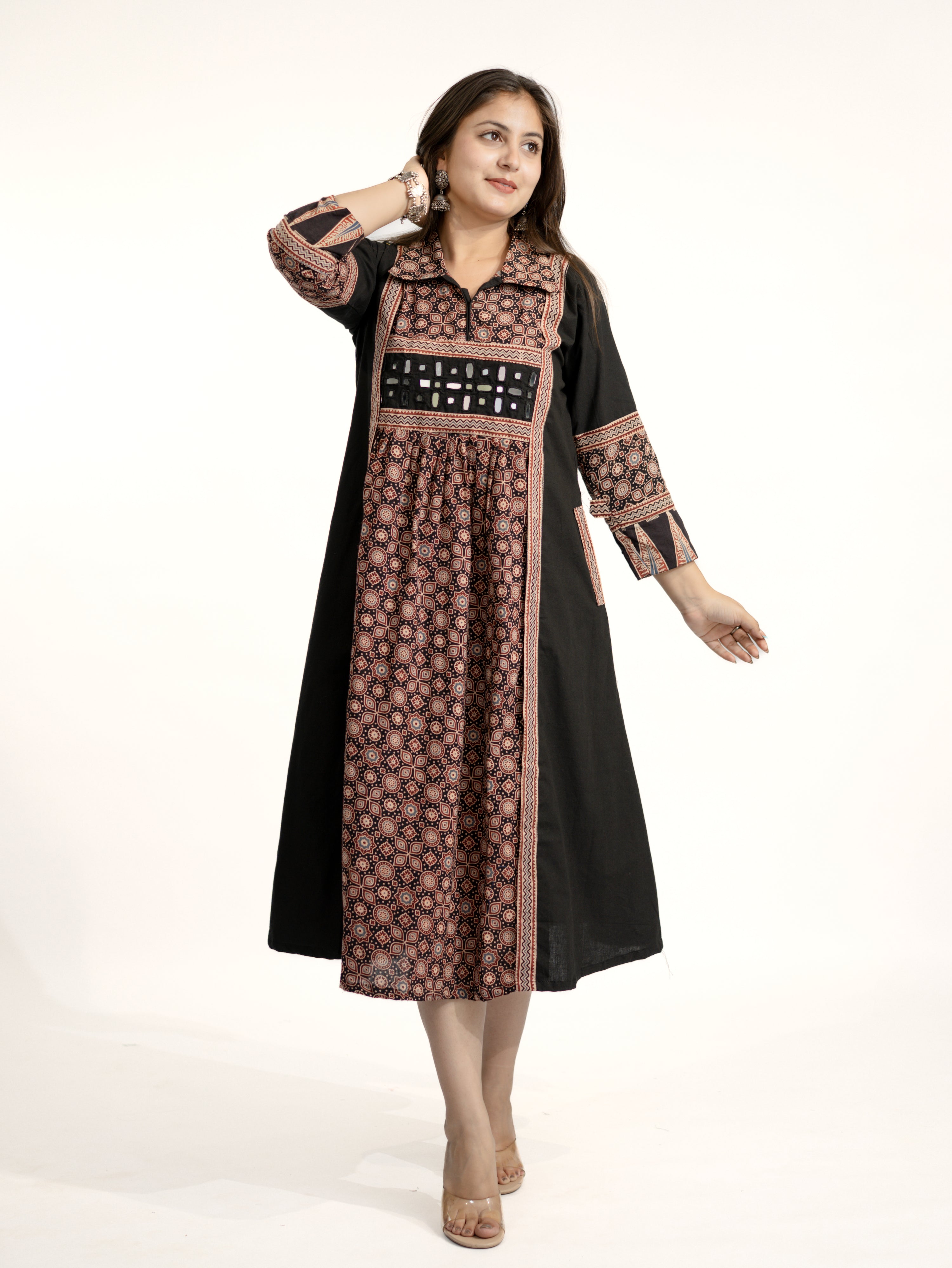 Vanya Black Cotton Ajrakh Kutch Embroidered A-line Kurta